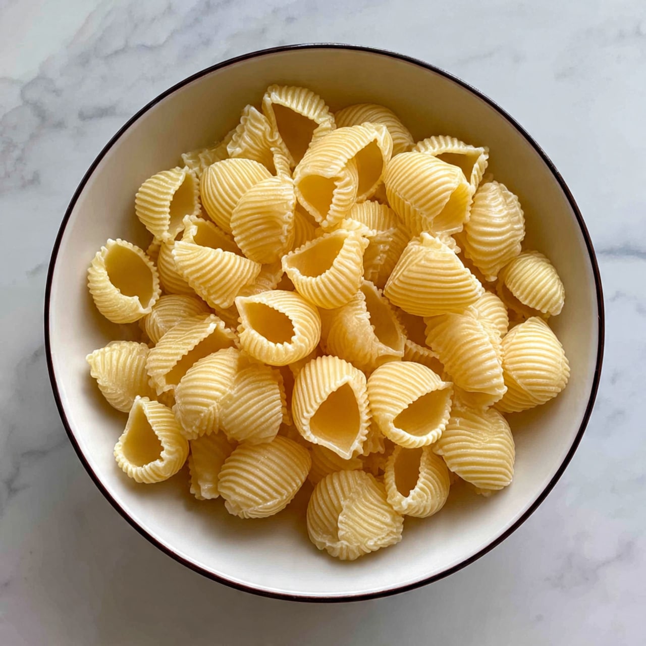 A white bowl with a thin dark rim is filled with small yellow ridged pasta shells that have a hollow center and a shiny texture. The pasta pieces are piled up evenly inside the bowl. The bowl is placed on a white marbled surface with soft lighting that highlights the pasta's shape and details. photo taken with an iphone --ar 4:5 --v 7