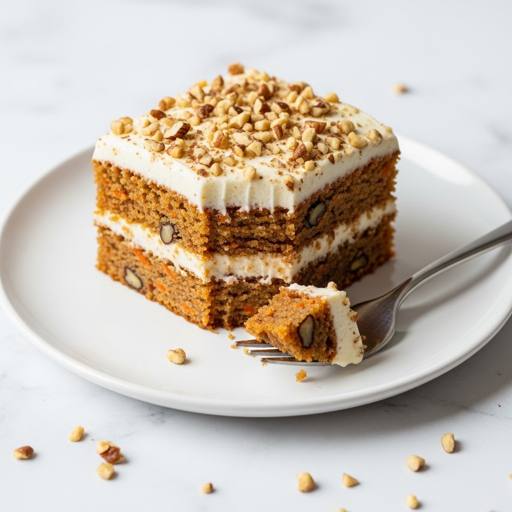 The image shows a rectangular cake with a thick light brown base layer topped by a creamy white frosting spread evenly on top. The frosting layer is sprinkled generously with small chopped brown nuts scattered across the surface. Four square pieces are cut from the cake and placed on a metal cooling rack with a white marbled texture underneath. The cake pieces have clean edges, showing the two layers clearly, with the nut topping adding texture and contrast. A whole carrot is partially visible at the bottom of the image. Photo taken with an iphone --ar 4:5 --v 7