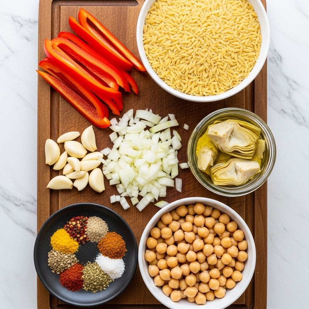 A top view image shows a wooden cutting board on a white marbled surface with various cooking ingredients neatly arranged. In the top right, there is a white bowl filled with uncooked orzo pasta, its small grain-like shape and pale yellow color visible. Below this bowl, a white bowl filled with chickpeas sits, light tan and round. Between them, near the center-right, is a small glass jar containing artichoke hearts soaked in oil, showing a pale green-yellow tint. On the top left, thin strips of red bell pepper lie parallel, bright and fresh with a smooth texture. Below the peppers, there are sliced garlic cloves, off-white with a smooth surface. In the bottom left corner, a small black dish holds a mix of colorful spices, including red, yellow, green, and white, arranged in small piles next to each other. Just above the chickpeas and to the right of the spices, chopped white onions with a slight translucency are scattered. The entire setup is clean and organized for cooking preparation, with a natural light that emphasizes the fresh ingredients photo taken with an iphone --ar 4:5 --v 7