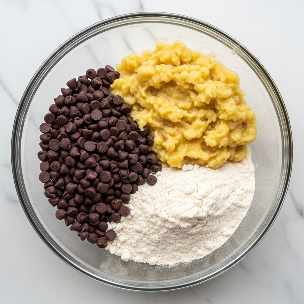 A clear glass bowl sits on a white marbled surface, holding three main layers that are not yet mixed. On the left side, there is a pile of small dark brown chocolate chips with a smooth, slightly shiny texture. At the bottom right, a layer of white flour forms a fine powder with a soft texture. Filling the rest of the bowl on the upper right side is a thick, yellow mashed banana mixture that has small chunks and a slightly wet appearance. The layers create a clear contrast in colors and textures, arranged side by side with clean edges between them. photo taken with an iphone --ar 4:5 --v 7