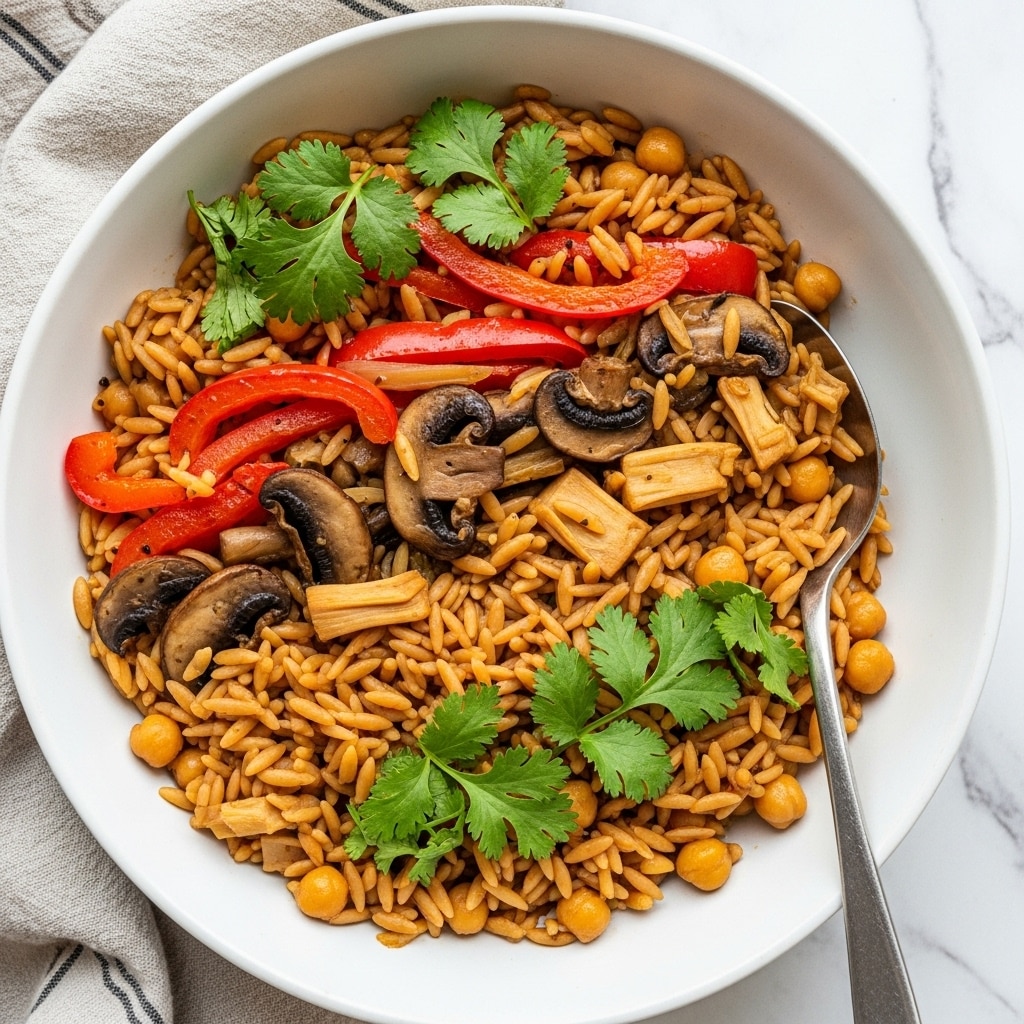 A white bowl filled with a colorful rice dish that has three main layers: the base is made of golden-brown orzo pasta mixed with small chickpeas, scattered throughout; the middle layer consists of sauteed vegetables including bright red bell pepper strips, brown sliced mushrooms, and bits of light brown cooked jackfruit; on top, fresh bright green cilantro leaves are sprinkled, adding a pop of color and freshness. There is a silver spoon on the right side of the bowl resting on the rice mix, and the bowl is placed on a soft beige and white cloth with a white marbled surface in the background photo taken with an iphone --ar 4:5 --v 7