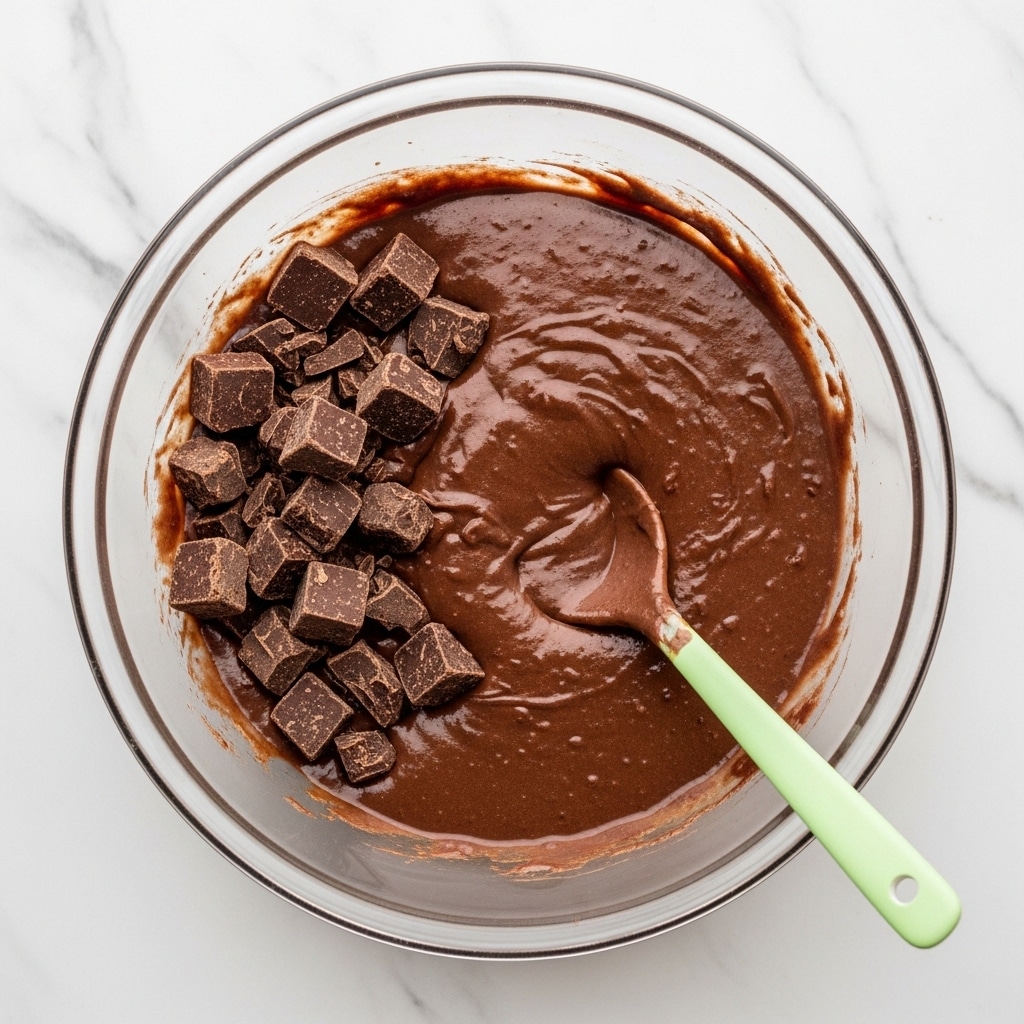 A clear glass bowl on a white marbled surface holds thick, dark brown chocolate batter filling about two-thirds of the bowl. On the left side of the batter, there is a cluster of chunky dark brown chocolate pieces that look firm and blocky. A light green spoon with a smooth texture is partly submerged in the batter on the right side, with some batter clinging to it. The scene has a top-down view, showing all details clearly. photo taken with an iphone --ar 4:5 --v 7