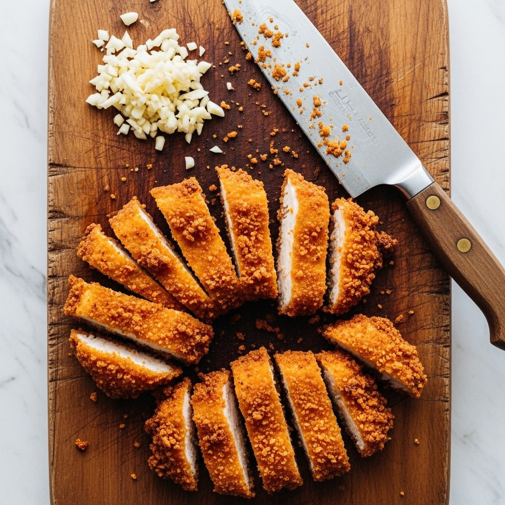 The image shows a wooden cutting board on a white marbled surface. On the cutting board, there are several pieces of golden brown fried chicken, sliced into strips arranged loosely across the board. The chicken has a crunchy texture with visible breadcrumbs. At the top right corner of the board, there is a pile of small, white chopped garlic pieces. Next to the garlic, a large knife with a silver blade and a wooden handle rests on the board, having some crumbs on the blade. The whole setting creates a rustic look with the wooden textures and warm tones. photo taken with an iphone --ar 4:5 --v 7