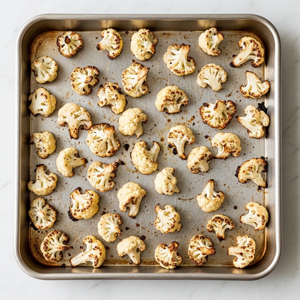This image shows a silver metal baking tray filled with one layer of small to medium-sized roasted cauliflower pieces. The cauliflower pieces are off-white with some parts browned and slightly charred from roasting. They are spread out evenly but randomly, covering most of the tray with some space between each piece. The tray has stains and marks from cooking, showing a contrast between the clean off-white cauliflower and the worn silver metal surface. The whole scene is placed on a white marbled surface. photo taken with an iphone --ar 4:5 --v 7