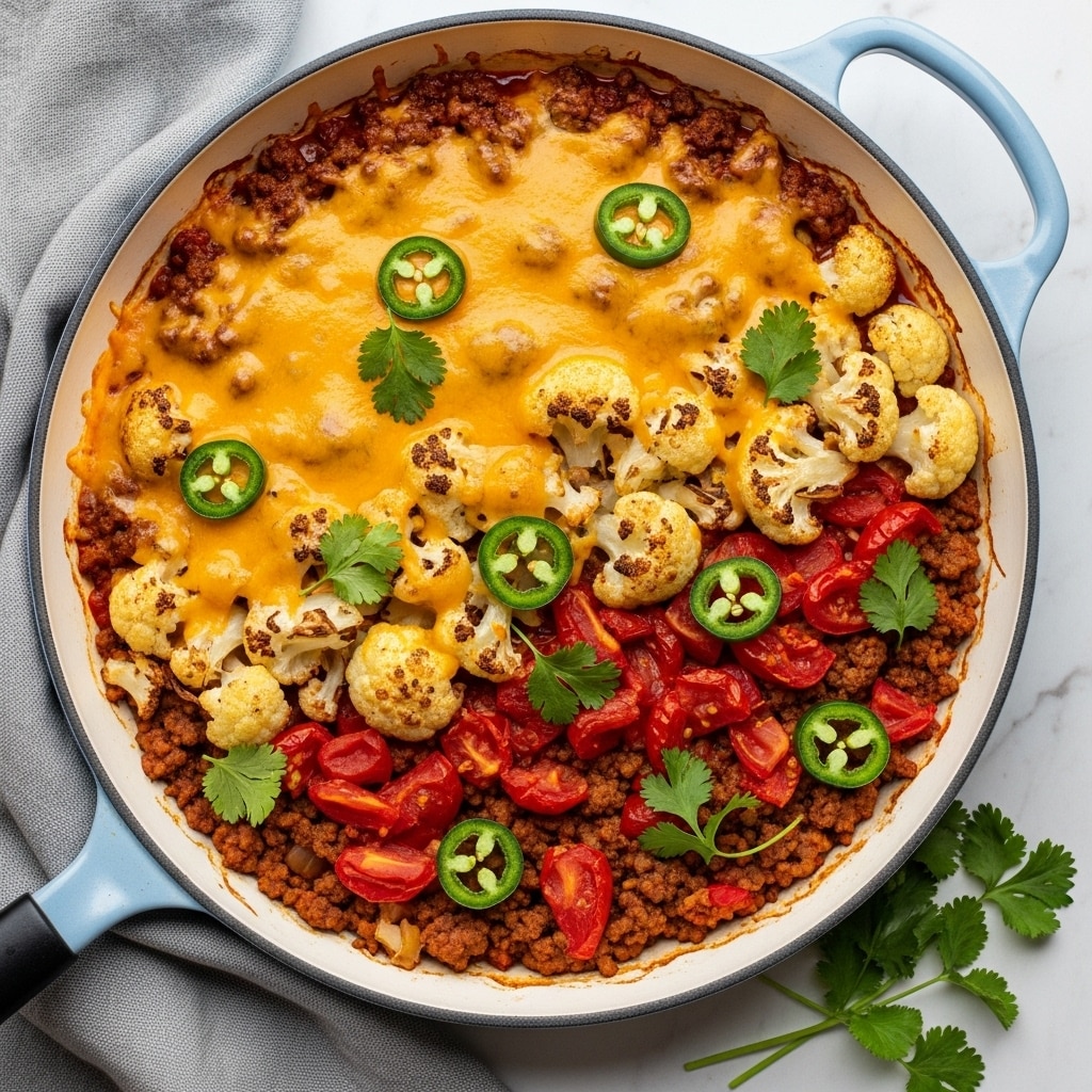 A white skillet filled with a baked dish that has three main layers: a base layer of browned ground meat mixed with red tomato chunks, a middle layer of roasted cauliflower florets that are golden brown, and a top layer of melted yellow cheese spread evenly, with sliced green jalapeños scattered on top. Fresh green cilantro leaves are sprinkled across the dish and around the skillet on the white marbled surface. The skillet has a blue handle and is placed near a soft gray cloth. Photo taken with an iphone --ar 4:5 --v 7
