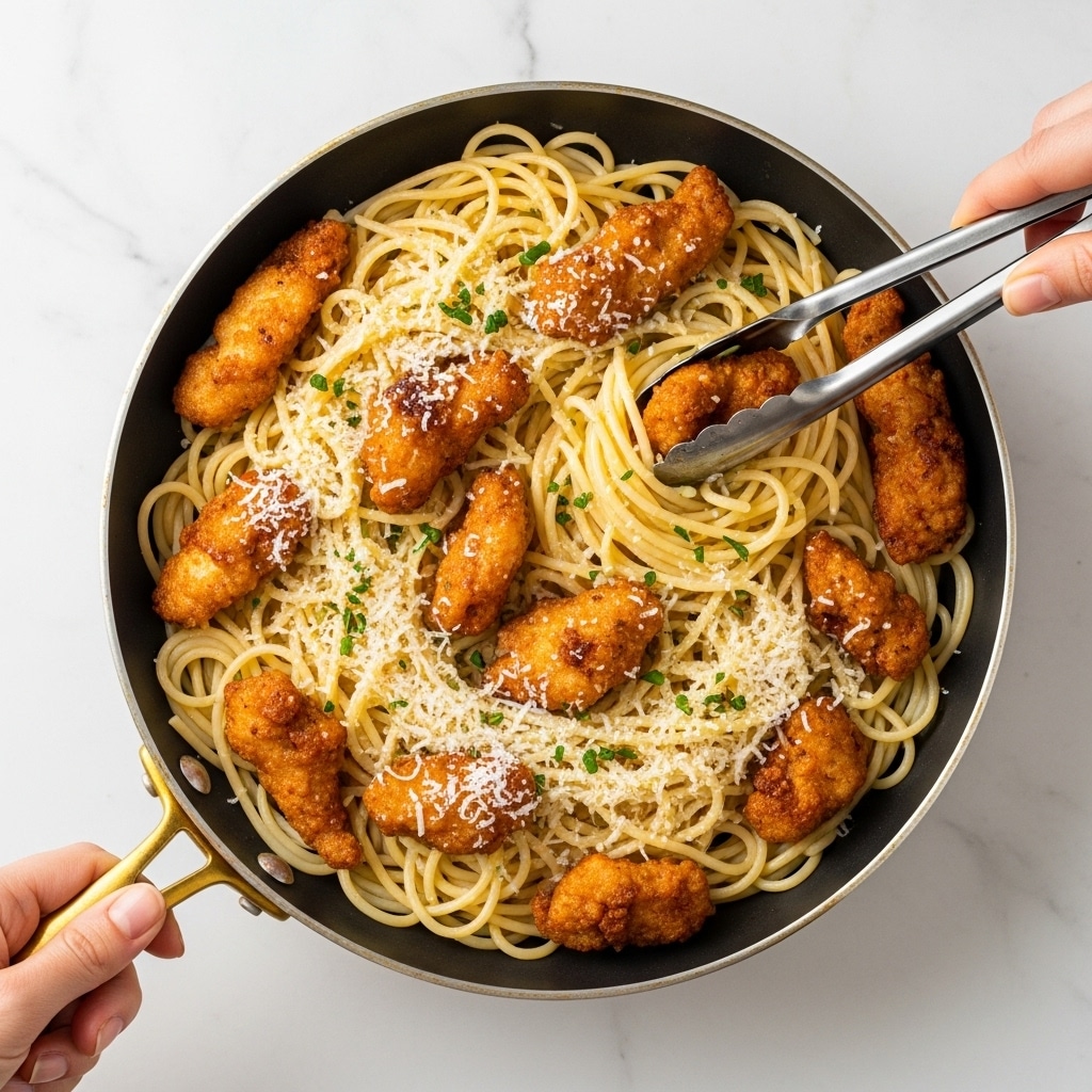 A white speckled plate holds a serving of long, thick spaghetti noodles tossed with small pieces of golden brown fried chicken scattered across the top, sprinkled with grated white cheese and finely chopped green herbs. The plate is set on a white marbled surface with bits of green herbs around it. To the sides of the plate, there is a bronze-colored knife on the left and a bronze-colored fork on the right resting on the plate’s edge. In the top left, there is a glass with an orange drink and ice cubes, and at the top right, a white bowl filled with grated cheese. The scene has a warm and casual feel. photo taken with an iphone --ar 4:5 --v 7