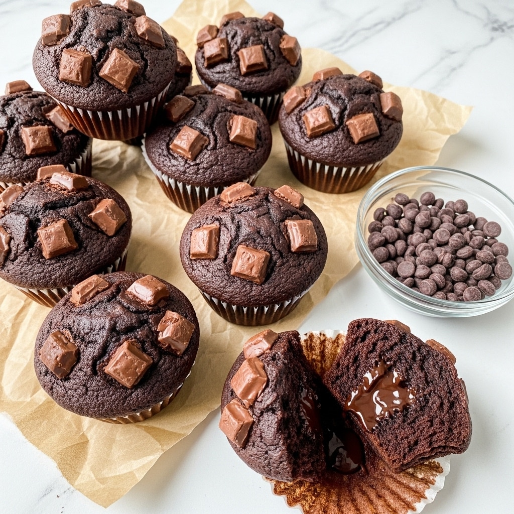 The image shows a group of rich dark brown chocolate muffins with chunky chocolate pieces on top, arranged on a crinkled light brown paper. One muffin is peeled open at the bottom right, showing a moist chocolate inside and a bit of melted chocolate. Near the muffins, there is a small clear glass bowl filled with tiny round dark chocolate chips. The background and surface are a white marbled texture. photo taken with an iphone --ar 4:5 --v 7