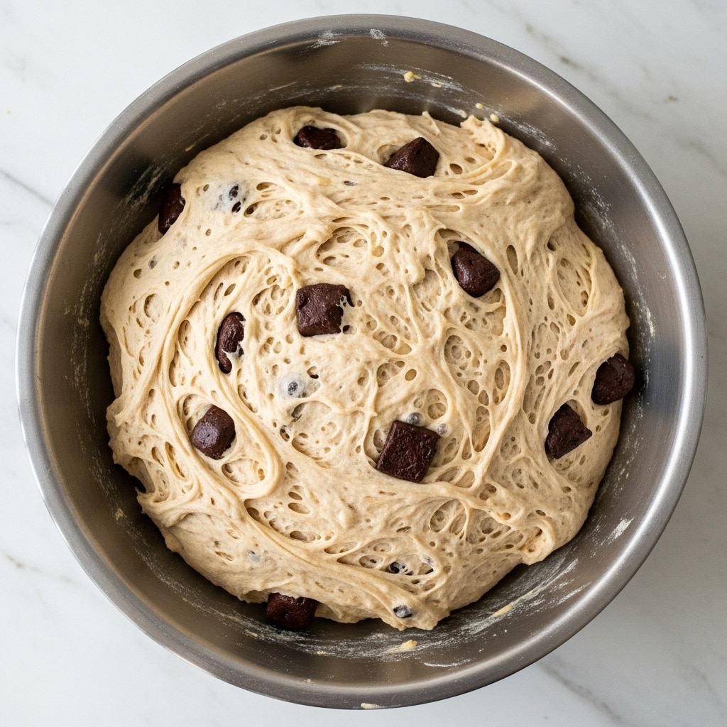 The image shows a large, round dough with a light brown color and a soft, airy texture resting in a silver metal bowl. The dough has several chocolate chunks visible throughout its surface, adding dark brown spots to the light brown dough. The bowl is placed on a white marbled surface, and the dough fills most of the bowl, showing small air bubbles on top. Photo taken with an iphone --ar 4:5 --v 7