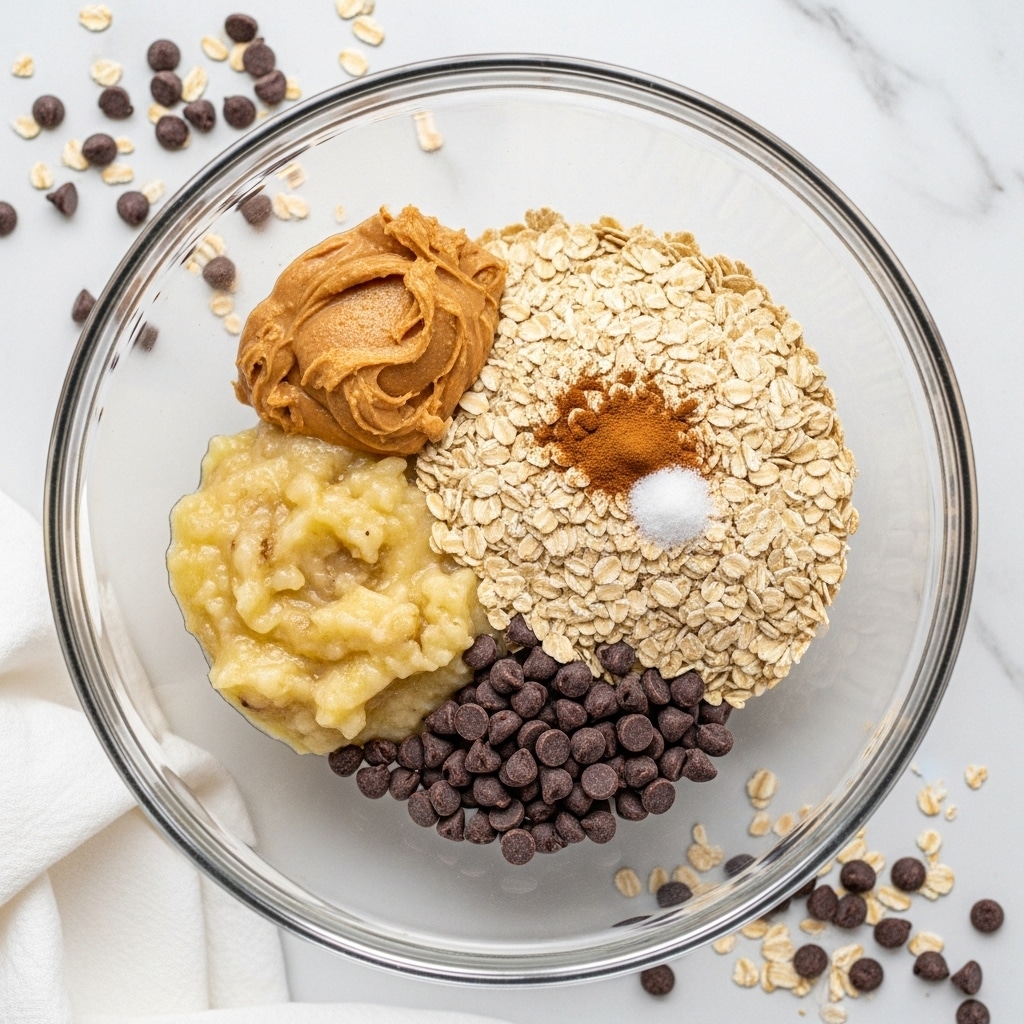 A clear glass bowl sits on a white marbled surface, filled with five main ingredients not yet mixed. Starting in the top left section, there is a smooth, light brown dollop of peanut butter. Below it, a mushy, light yellow layer of mashed banana with some brown spots. To the right of the banana, rolled oats form a light beige textured pile covering the middle right side of the bowl, with a small mound of brown cinnamon and a tiny white heap of salt on top. At the bottom, a cluster of small dark brown chocolate chips fills the space. Scattered chocolate chips and oats lie around the bowl, with a white cloth partially visible at the bottom left corner. Photo taken with an iphone --ar 4:5 --v 7
