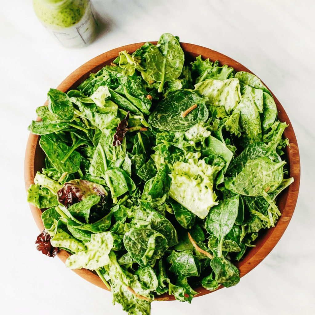 A wooden bowl filled with a fresh mixed green salad, showing layers of dark green spinach leaves, lighter green lettuce leaves, and a few small pieces of deep purple leaves scattered throughout. The salad has a light green creamy dressing evenly coating each leaf, giving them a slightly shiny texture. The bowl sits on a white marbled surface, and a bottle with more green dressing is placed close by, slightly blurred in the background. photo taken with an iphone --ar 4:5 --v 7