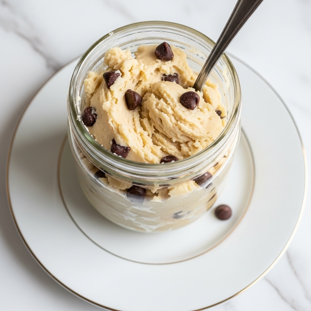 A clear glass jar filled with creamy, light beige dough mixed with scattered small dark brown chocolate chips throughout. The dough is soft and slightly lumpy, slightly overflowing from the top of the jar. A silver spoon is inserted into the jar, catching some dough on its edge. The jar is placed on a white plate with a thin gold rim, all set on a white marbled surface. One chocolate chip is resting outside the jar near the bottom right corner of the plate. Photo taken with an iphone --ar 4:5 --v 7