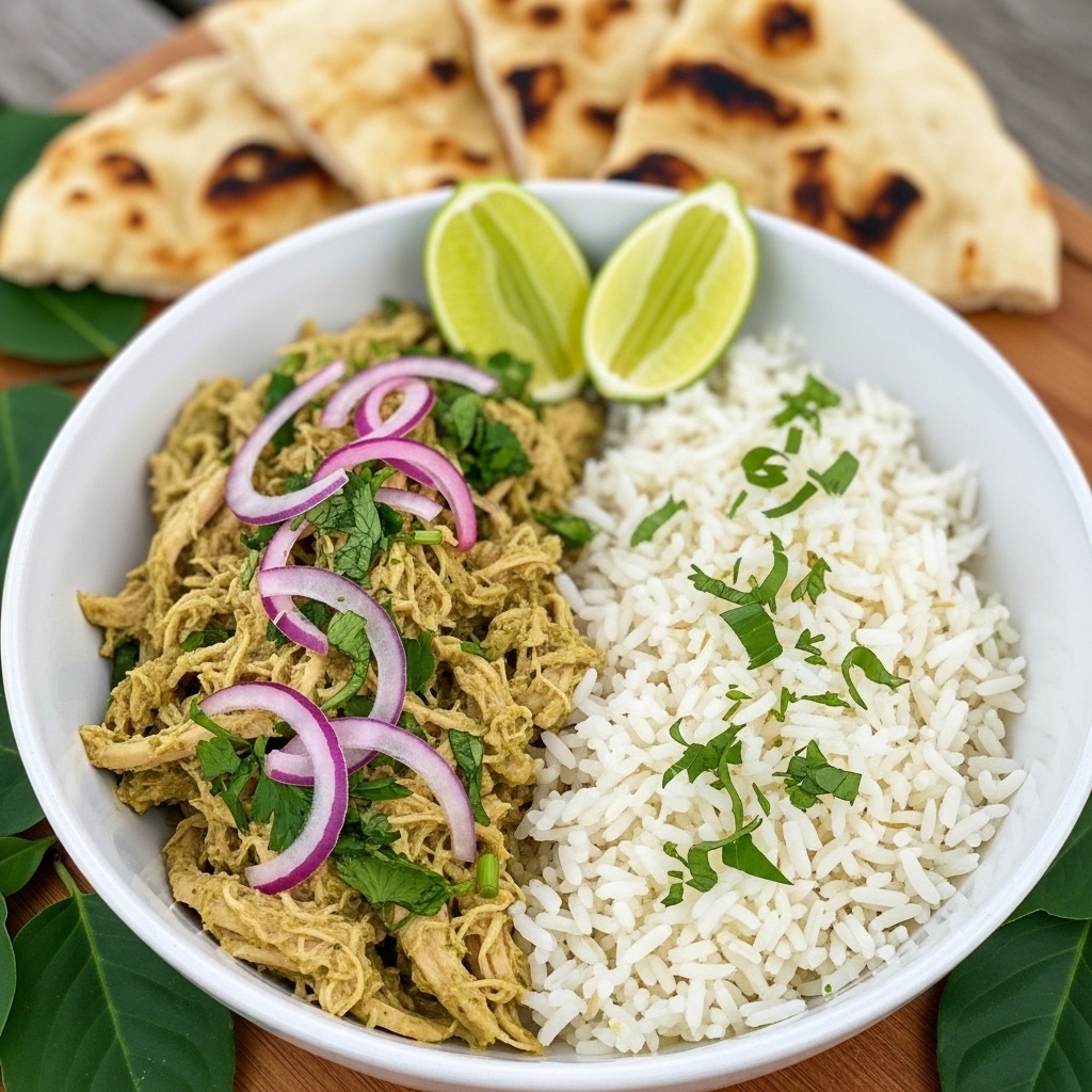 In a white bowl, there is a dish with two main parts: on the left side, shredded chicken in a creamy green sauce topped with chopped purple onions and green herbs; on the right side, white rice garnished with small green herb pieces. Two lime wedges rest on the back edge of the bowl. Behind the bowl, there are pieces of light brown flatbread with darker toasted spots. The bowl is set on a wooden surface with green leaves nearby. Photo taken with an iphone --ar 4:5 --v 7