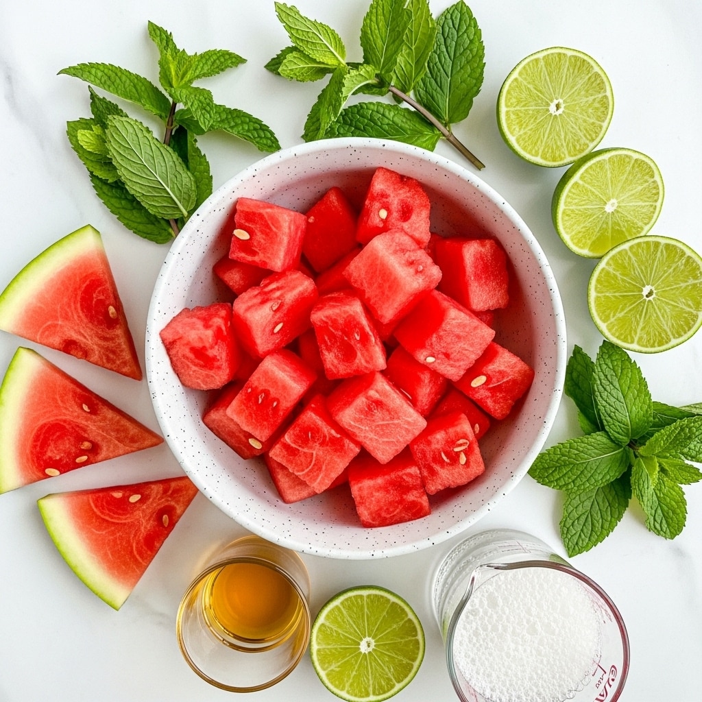 A white speckled bowl in the center is filled with bright red watermelon cubes, each piece showing a juicy, slightly translucent texture with a few small white seeds scattered inside. Around the bowl, on a white marbled surface, there are several fresh green mint leaves with textured veins, four lime slices showing a pale green interior with detailed segments, and three triangular slices of watermelon with green rind and red flesh visible on the left. In addition, a small glass container with amber liquid and a clear measuring cup filled with clear bubbly liquid with foam on top are placed near the bottom edge. The whole scene is brightly lit with vivid colors and a clear focus. photo taken with an iphone --ar 4:5 --v 7