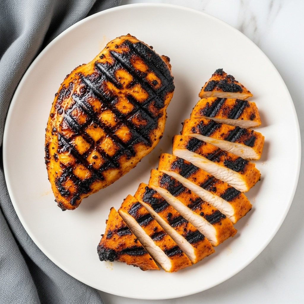 A white plate holds two pieces of grilled chicken with deep brown char marks. One piece is whole, showing a golden-brown grilled texture with black grill lines. The other piece is sliced into even strips, revealing juicy white meat inside with a slightly charred and crispy orange outside. The plate sits on a white marbled surface, and a gray cloth napkin is partly visible at the edge. photo taken with an iphone --ar 4:5 --v 7