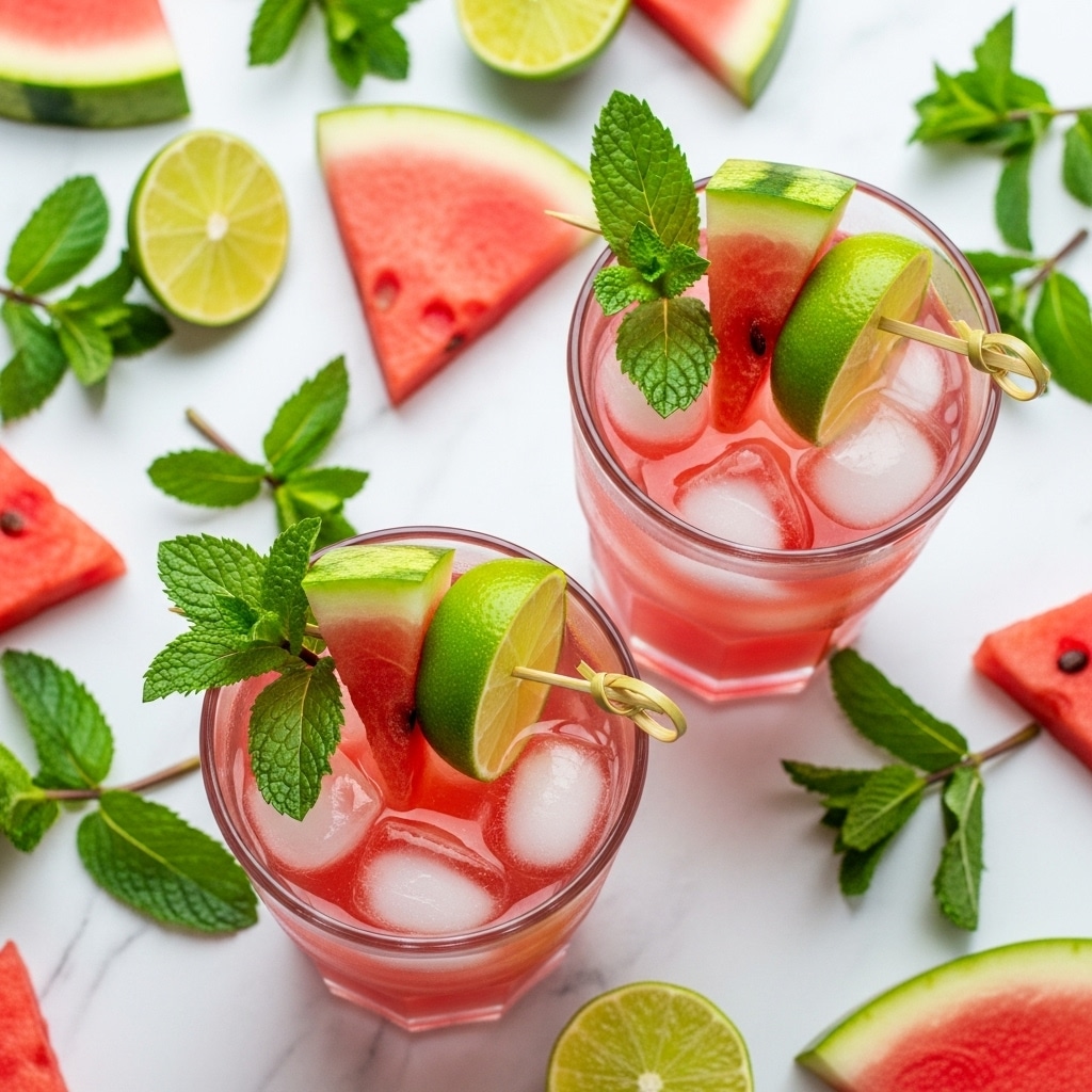 Two clear glasses filled with light red iced drink, each glass has ice cubes inside and is garnished on top with a green lime wedge and a green watermelon wedge on a skewer. Bright green mint leaves are placed on top of each glass. The drinks sit on a white marbled surface covered with sliced watermelon pieces, lime slices, and fresh mint sprigs scattered around. photo taken with an iphone --ar 4:5 --v 7