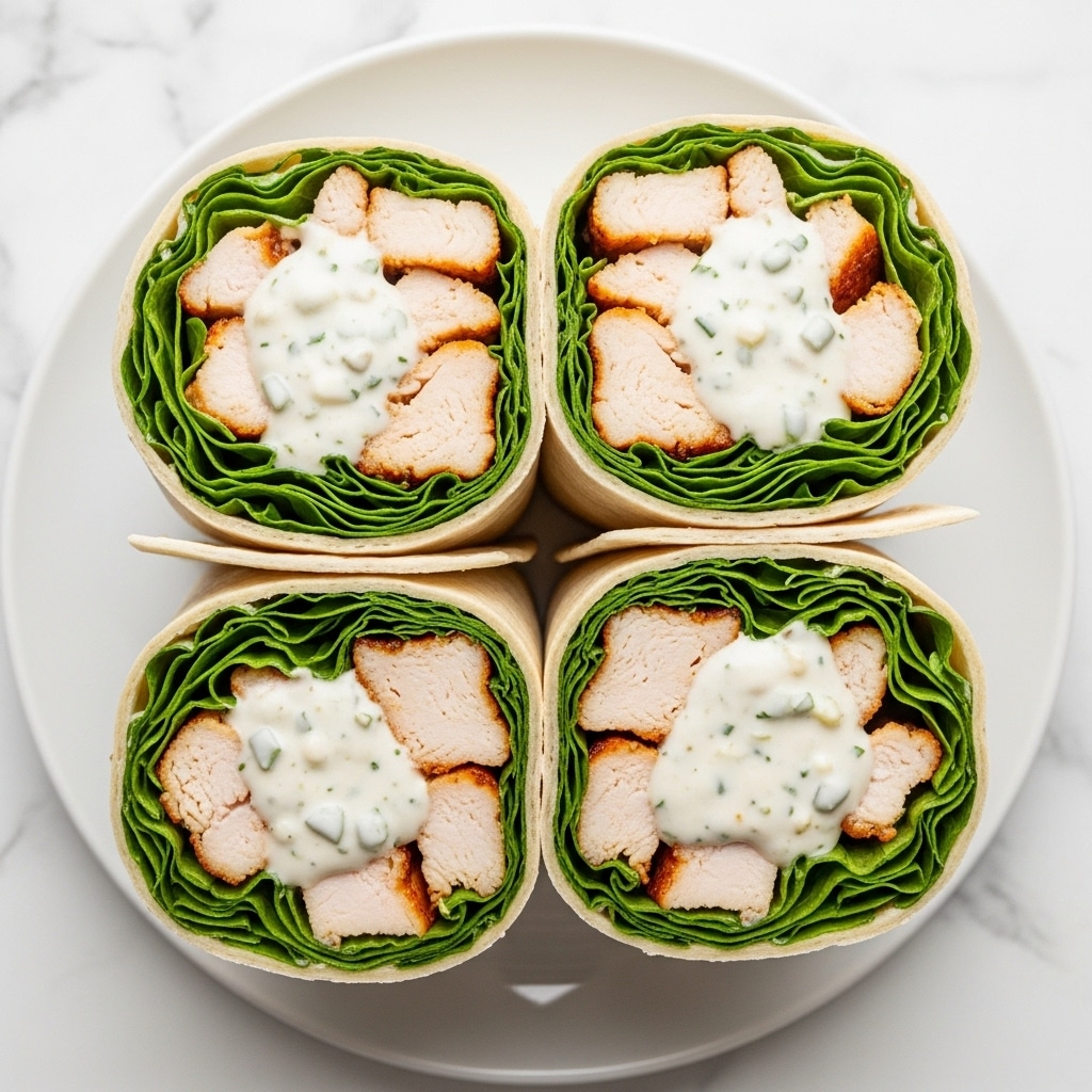 The image shows four wrap halves arranged on a white plate with a white marbled background. Each wrap has a soft, light beige tortilla as the outer layer. Inside, there is a bright green leafy lettuce layer providing a fresh touch. The main filling is grilled light-brown chunks of chicken, covered generously in a creamy white sauce with green herb specks visible, giving it a smooth and rich texture. The wraps are cut evenly, showing the layers clearly from the open ends. photo taken with an iphone --ar 4:5 --v 7