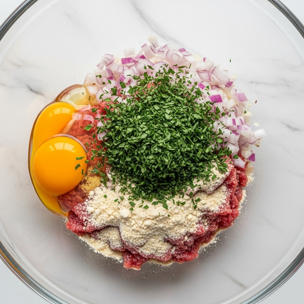 In a clear glass bowl on a white marbled surface, there are several layers of ingredients. At the bottom, there is a layer of raw red meat, partly covered by a light-colored powder that looks like breadcrumbs or flour. On top of that, there is a bright yellow raw egg yolk on one side. Spread around the egg and meat are small pieces of light pink onions and a large pile of finely chopped green herbs in the center. The ingredients are not mixed yet and sit separately but close together in the bowl. photo taken with an iphone --ar 4:5 --v 7
