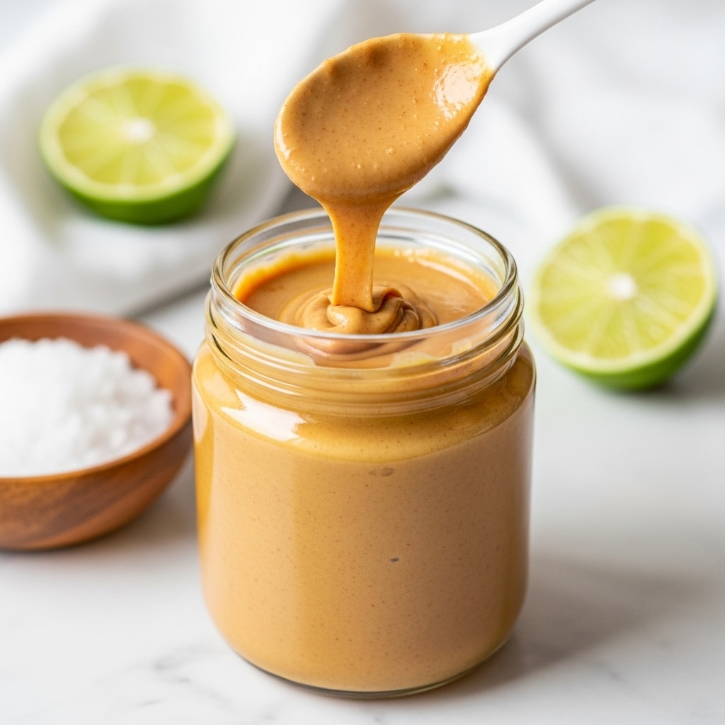 A clear glass jar filled with creamy, smooth peanut butter in a light brown color. A white spoon is lifted above the jar, dripping the peanut butter back into it, showing its thick and slightly textured consistency. Around the jar, a white marbled surface holds a wooden bowl with white salt and a half-cut lime for decoration, all softly blurred. The overall look is close-up and bright, focusing on the rich golden spread and the glass jar's detail. photo taken with an iphone --ar 4:5 --v 7
