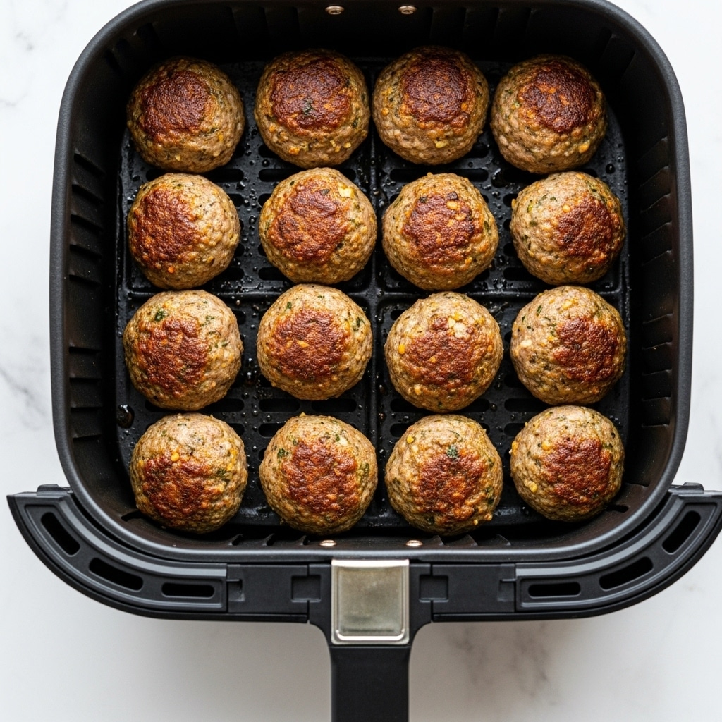 A black air fryer basket holds twelve cooked meatballs, arranged closely in a single layer covering the base. The meatballs are browned with a slightly rough texture showing bits of herbs and spices, with some areas appearing crispier than others. The basket has a visible handle extending out at the bottom, resting on a white marbled surface. The photo is taken from a top angle, focusing on the meatballs inside the basket photo taken with an iphone --ar 4:5 --v 7