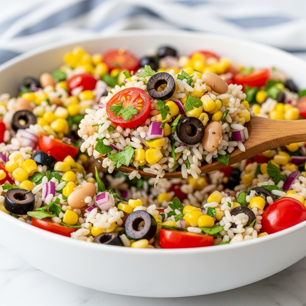 A close-up of a large white bowl filled with a colorful rice salad. The salad has many layers and textures, including grains of white rice, bright yellow corn kernels, red cherry tomato pieces, black olives, chopped parsley, small pieces of red onion, and some white beans. A wooden spoon is lifting a portion of the salad, showing the mix of all these colorful ingredients. The bowl is placed on a white marbled surface with a soft-focus blue and white striped cloth in the background. Photo taken with an iphone --ar 4:5 --v 7