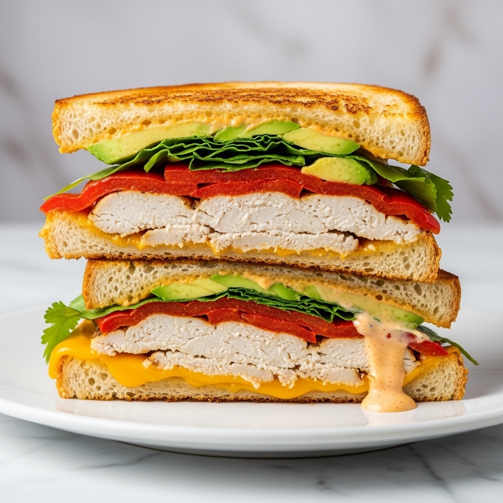 The image shows a sandwich cut into three pieces on a white plate with a ridged edge and small brown specks. Each sandwich piece has two toasted golden-brown bread slices with a slightly crispy texture. Inside, the layers include green lettuce, light pink turkey slices, red tomato slices, creamy yellow cheese, and some light brown sauce dripping a little inside. A small green cilantro leaf is placed near the sandwich on the plate. The background is a white marbled surface, and a small bowl of light orange sauce is partly visible on the bottom left. photo taken with an iphone --ar 4:5 --v 7
