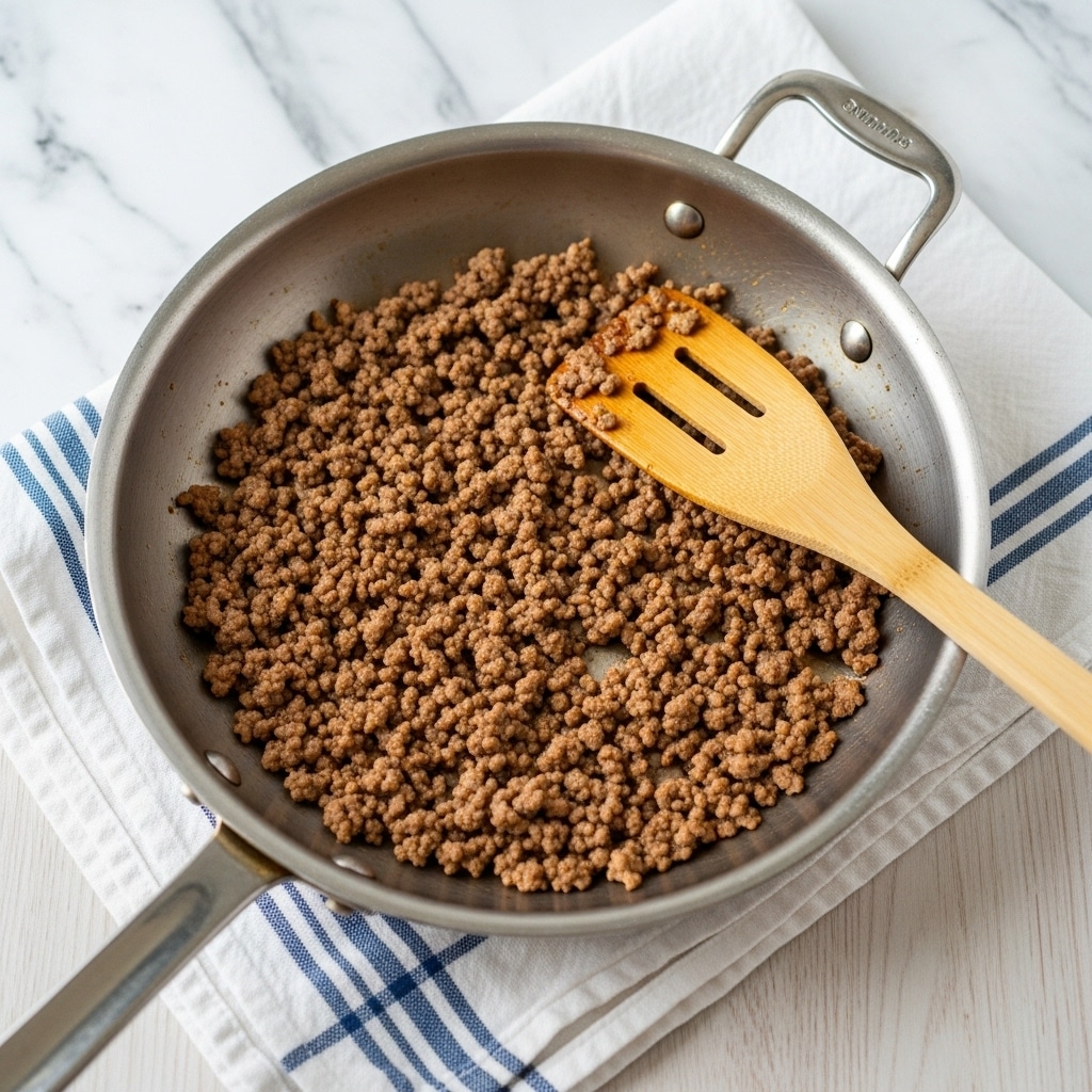 A silver frying pan holds a single layer of cooked ground meat, browned with a crumbly texture, spread evenly across the bottom. A wooden spatula is resting inside the pan with its handle leaning against the edge. The pan is sitting on a white cloth with blue stripes, all positioned on a light wood surface. The background is a white marbled texture photo taken with an iphone --ar 4:5 --v 7