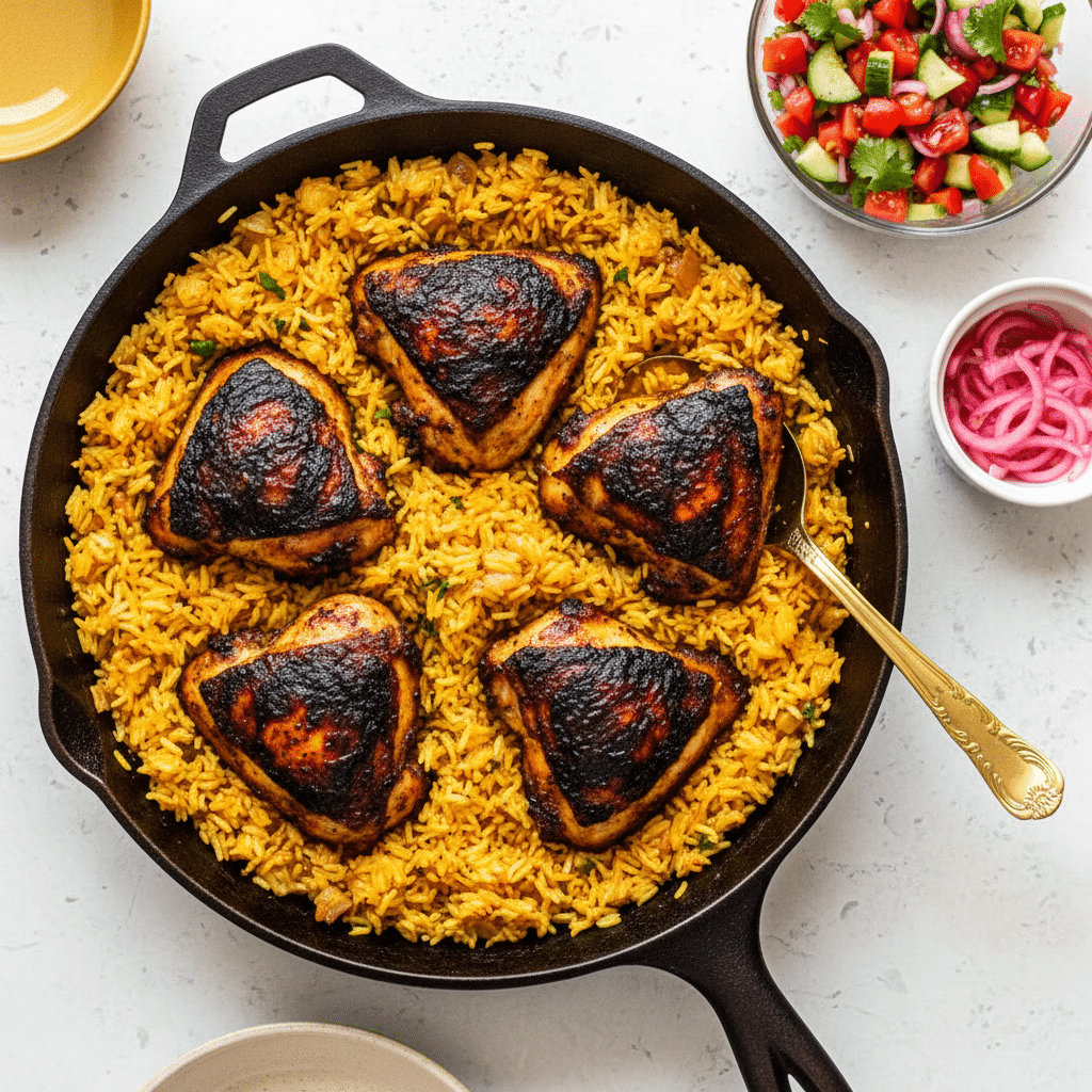 Two yellow bowls sit on a white marbled surface. Each bowl holds a dish with three main layers: at the bottom, there is yellow rice with spices, slightly fluffy and grainy. On top of the rice is a piece of grilled fish with a blackened, crispy crust. A few bright red strips of pickled onions lay on the fish, adding color contrast. To one side of the fish on the rice is a small serving of white creamy sauce with green herb bits, and on the other side, a fresh salad made of small diced cucumber, red peppers, and onions. Around the bowls are smaller white bowls holding more pickled red onions and creamy sauce, with some fresh green herb pieces sprinkled on the surface. Photo taken with an iphone --ar 4:5 --v 7
