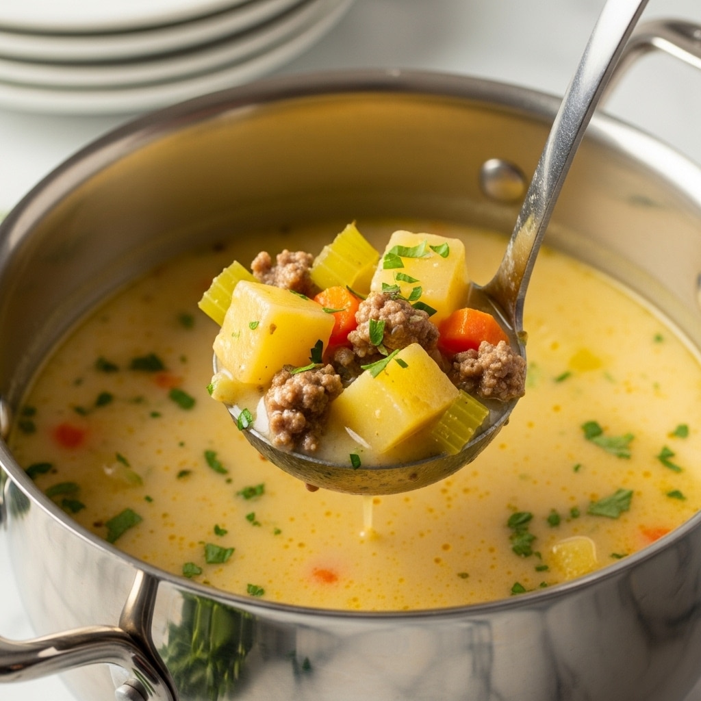 The image shows a close-up of a ladle lifting creamy soup from a shiny metal pot. The soup has a thick yellowish broth with specks of herbs and spices evenly spread throughout. In the ladle, there are chunks of light yellow potatoes, small pieces of browned ground meat, and bits of celery and carrot. The broth looks smooth and rich with visible herbs floating in it. The pot’s inside has a golden reflection, and it sits on a white marbled surface with a stack of white plates blurred in the background. Photo taken with an iphone --ar 4:5 --v 7