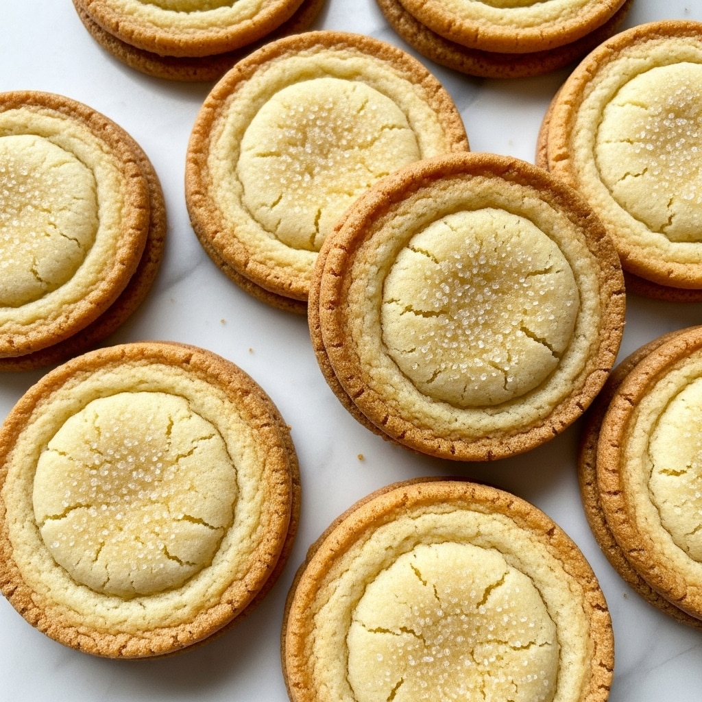 Several round cookies are shown closely placed on a white marbled surface. Each cookie has two visible layers: a light golden-brown thin outer edge with a slightly darker shade and a lighter, soft-looking center that appears slightly sunken. The cookie tops have a subtle texture with coarse sugar crystals sprinkled over them, giving a slightly sparkling effect. The edges look a bit crispy and cracked, while the centers are more smooth and soft in appearance. The cookies overlap slightly in some areas, creating a casual, scattered arrangement. photo taken with an iphone --ar 4:5 --v 7
