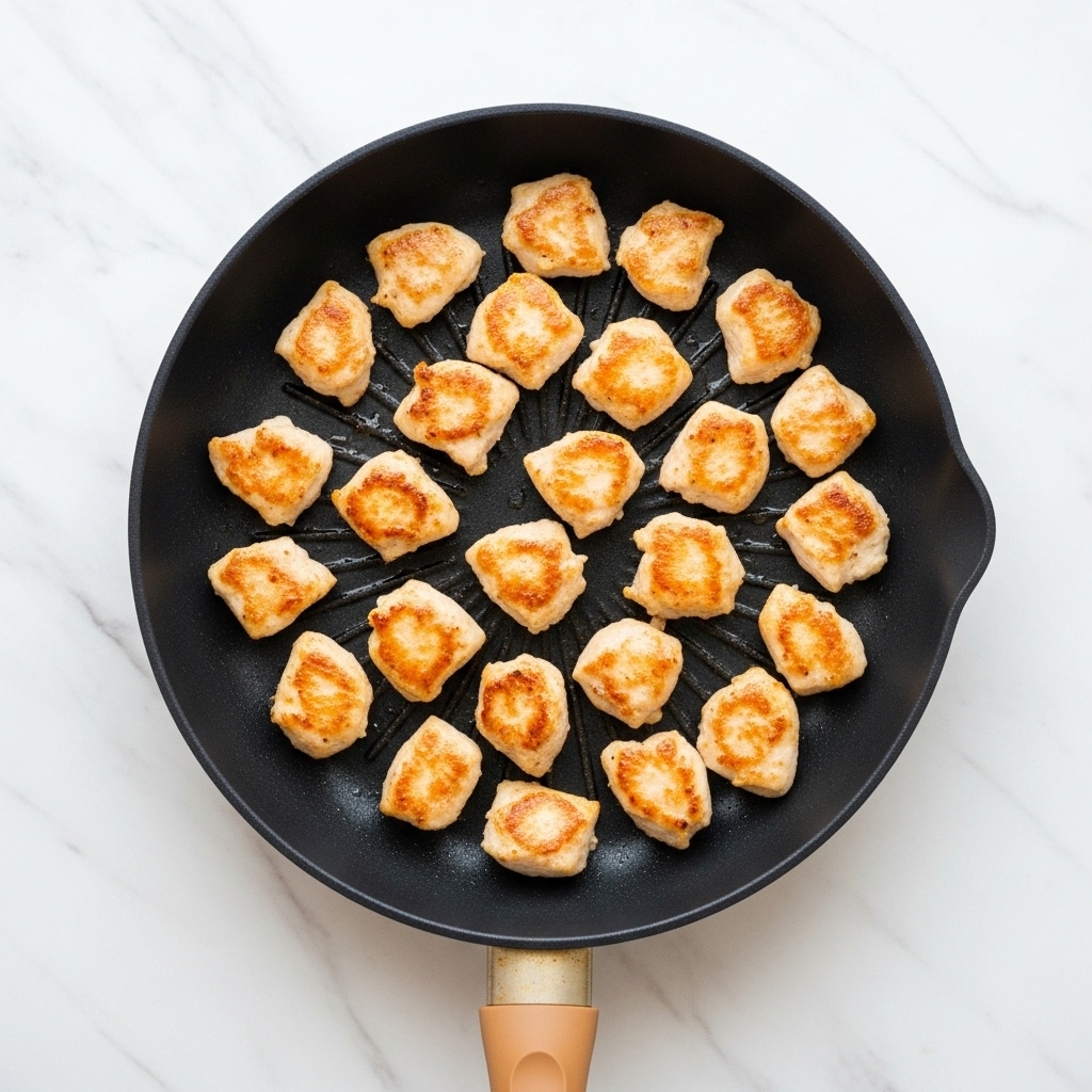 A black pan with a tan handle filled with many small pieces of cooked chicken, each piece lightly browned and spaced out across the pan's surface, showing a golden, slightly crispy texture on the outside. The pan sits on a white marbled surface, adding a clean and bright contrast to the warm tones of the chicken. photo taken with an iphone --ar 4:5 --v 7