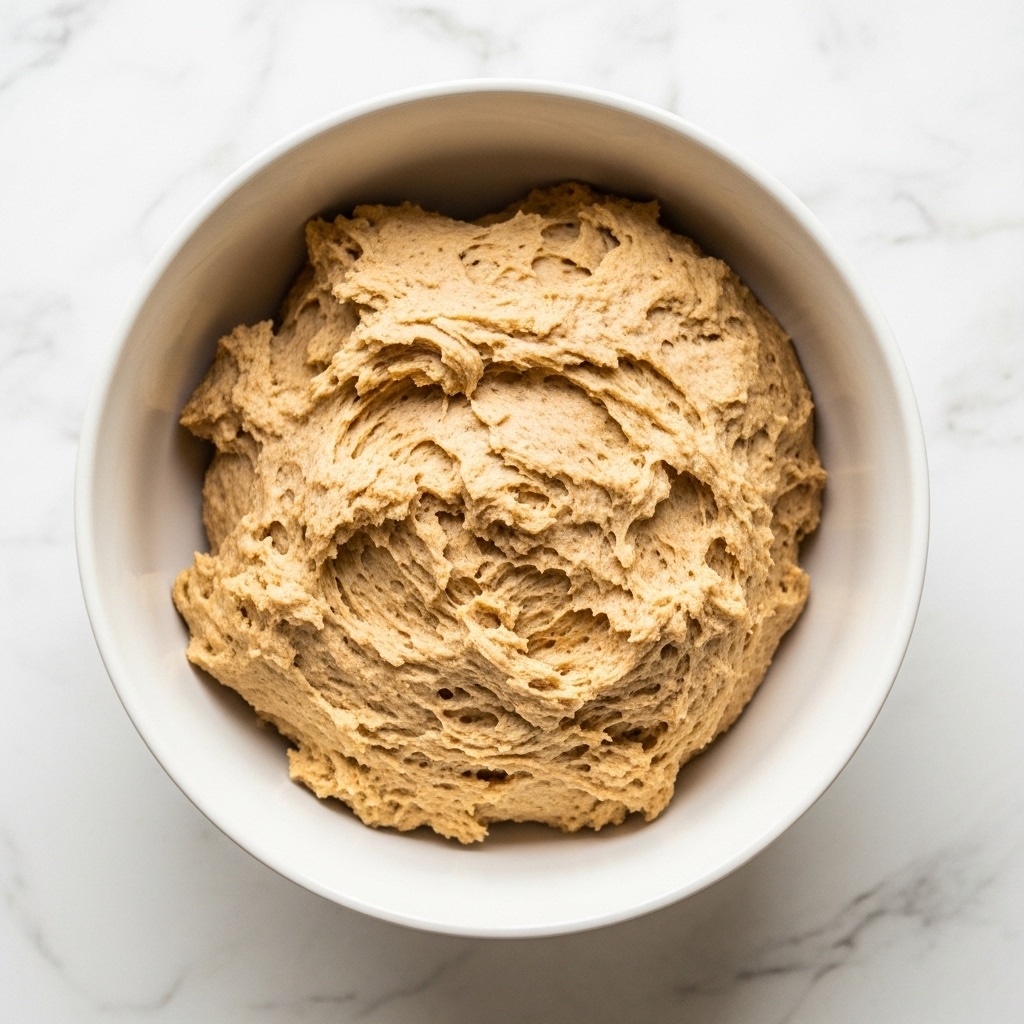 The image shows a white bowl filled with a light brown dough that looks soft and slightly rough in texture, shaped unevenly inside. The bowl is placed on a white marbled surface that adds a clean and bright background to the scene. The dough fills most of the bowl and has small lumps and folds giving it a natural homemade look. Photo taken with an iphone --ar 4:5 --v 7