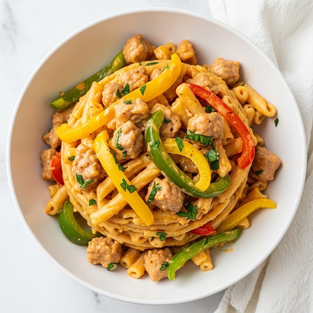 A white bowl filled with a creamy pasta dish, showing about three layers of short pasta pieces coated in a thick, light orange sauce, mixed with small chunks of cooked light brown meat, and strips of yellow, green, and red bell peppers. The dish has small bits of fresh green herbs sprinkled throughout, making it look rich and colorful. The bowl sits on a white marbled surface with a white cloth nearby. Photo taken with an iphone --ar 4:5 --v 7