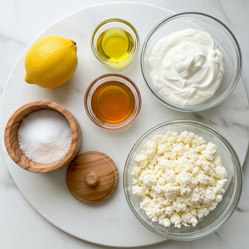 A round white marbled surface holds six items arranged loosely. At the top left is a whole bright yellow lemon. Below the lemon, a wooden container with a lid beside it shows white salt inside. To the right of the salt is a small clear glass bowl filled with a golden honey-like liquid. Above the honey, a smaller clear glass bowl holds a pale yellow oil. At the top right side, a medium clear glass bowl contains thick white yogurt with soft peaks. At the bottom right, a larger clear glass bowl is filled with crumbled white cheese that looks soft and grainy. The lighting is bright and natural, showing the textures clearly. photo taken with an iphone --ar 4:5 --v 7