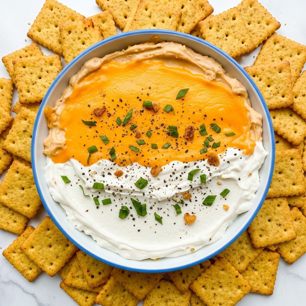A bowl filled with three layers of dip starts with a smooth white creamy base covering the bottom, topped with a bright orange melted cheese layer spread unevenly across the surface. Small green chopped herbs are sprinkled on top with dark specks of black pepper and tiny brown crispy bits scattered throughout. The bowl is white with a light blue rim and sits on a white marbled surface, surrounded by many square, golden-brown cracker chips that have a slightly rough texture and are arranged in a casual pile around the bowl photo taken with an iphone --ar 4:5 --v 7