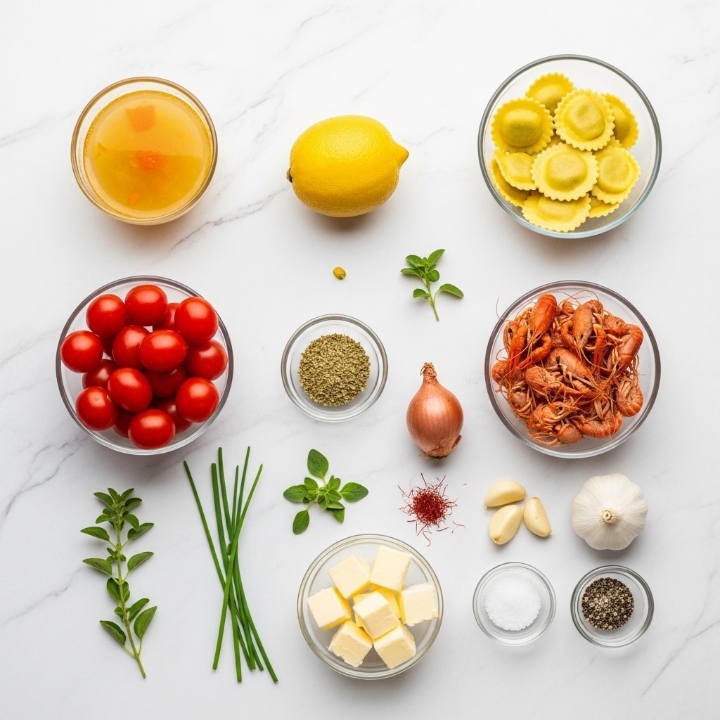 A flat lay image on a white marbled surface shows multiple small clear glass bowls and individual ingredients arranged in a neat grid. The top row has a small glass bowl filled with yellow vegetable broth on the left and a larger glass bowl with yellow ravioli on the right. The second row has a medium-sized glass bowl full of bright red cherry tomatoes on the left and a similar-sized glass bowl with small pink crayfish on the right. Below, individual ingredients are scattered: a whole yellow lemon, green chives, a small glass bowl with oregano, a peeled shallot, a tiny pile of saffron threads, a bowl with several cubes of white unsalted butter, a few garlic cloves, and a tiny bowl containing salt and black pepper mix. Each ingredient is clearly visible with natural colors on a clean white marbled background. photo taken with an iphone --ar 4:5 --v 7