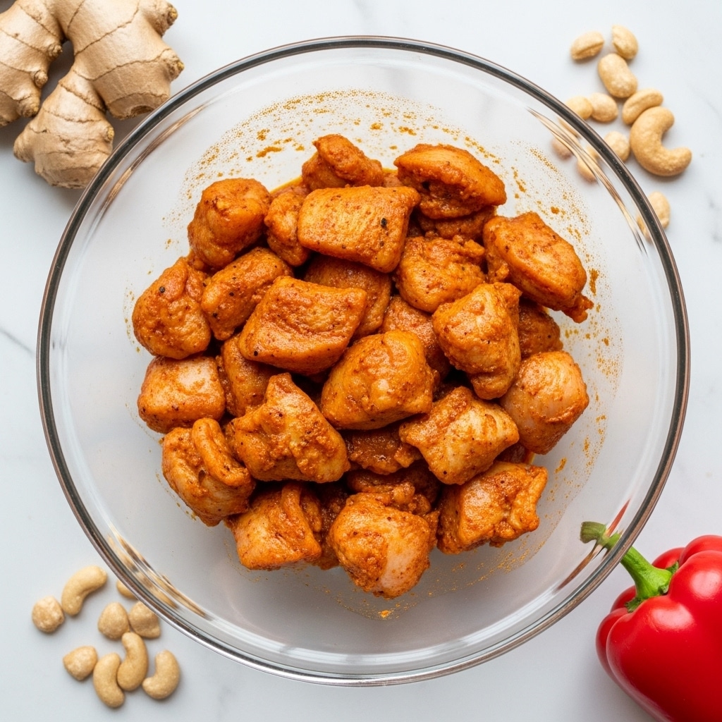 A clear round glass bowl filled with small pieces of orange-marinated chicken, evenly coated with spices and set against a white marbled surface. The chicken pieces have a soft texture with some visible juice and seasoning along the inside of the bowl's rim. Around the bowl are scattered small pieces of light beige nuts, fresh ginger roots on the top left, and the edge of a red bell pepper on the bottom right. Photo taken with an iphone --ar 4:5 --v 7