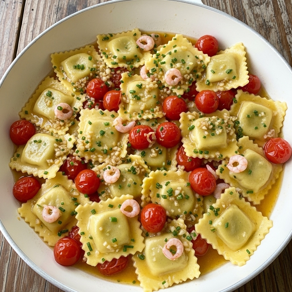 A white plate holds three large, square ravioli with ruffled edges, each pillow a pale yellow with a soft, slightly glossy texture. The ravioli are covered in a light, golden sauce that pools around the edges and has a slightly oily shine. Scattered on and around the ravioli are small, tender shrimp pieces, bright pink with curly tails, and several whole cherry tomatoes that are vibrant red and slightly blistered. Finely chopped green herbs are sprinkled across the dish alongside small bits of garlic and a dusting of cracked black pepper. The plate sits on a white marbled surface, creating a clean contrast against the warm, rustic tones of the food. photo taken with an iphone --ar 4:5 --v 7