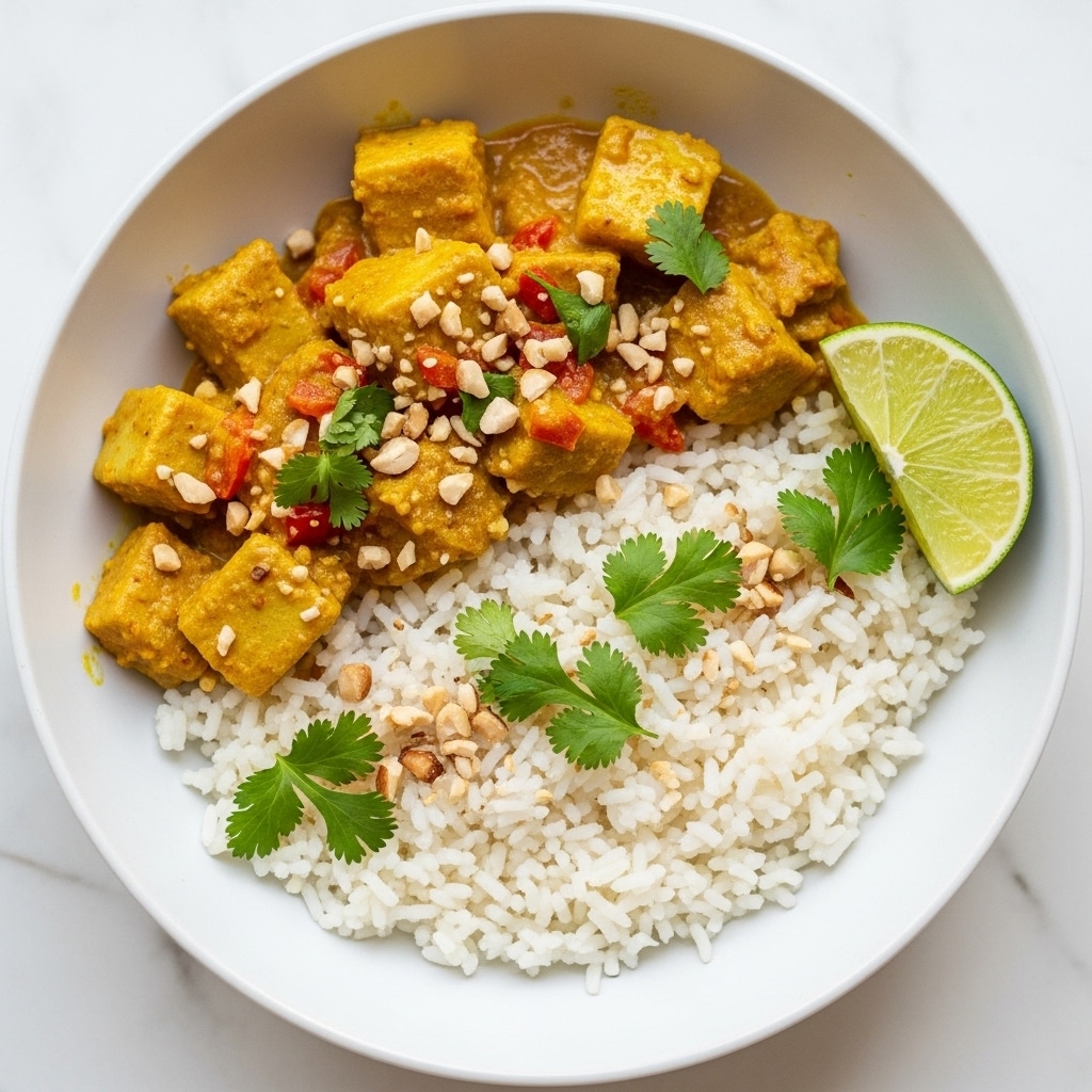 A white bowl holds a dish with three main layers: the bottom layer is white rice with fluffy texture, the middle layer is chunks of creamy yellow curry with small pieces of red bell pepper mixed in, and the top layer is sprinkled with chopped green cilantro and small pieces of light brown nuts. On the edge of the bowl, there is a wedge of lime with bright green skin and pale green inside. The background is a white marbled surface, and soft light brightens the fresh look of the food. photo taken with an iphone --ar 4:5 --v 7