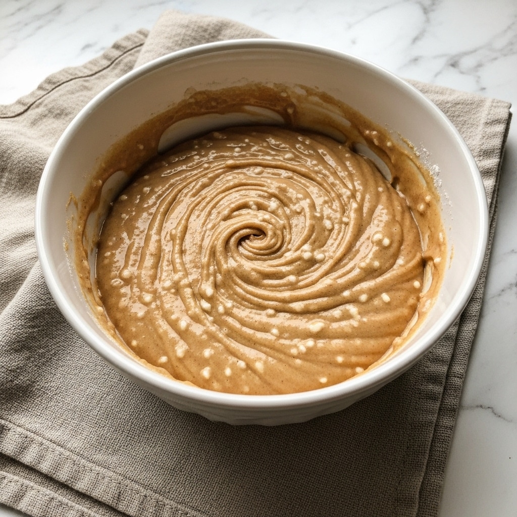 A white bowl filled with a smooth, thick light brown batter with small white specks inside. The batter clings slightly to the sides of the bowl, showing some uneven edges where it has been stirred. The bowl sits on a soft beige cloth, all placed on a white marbled surface. photo taken with an iphone --ar 4:5 --v 7