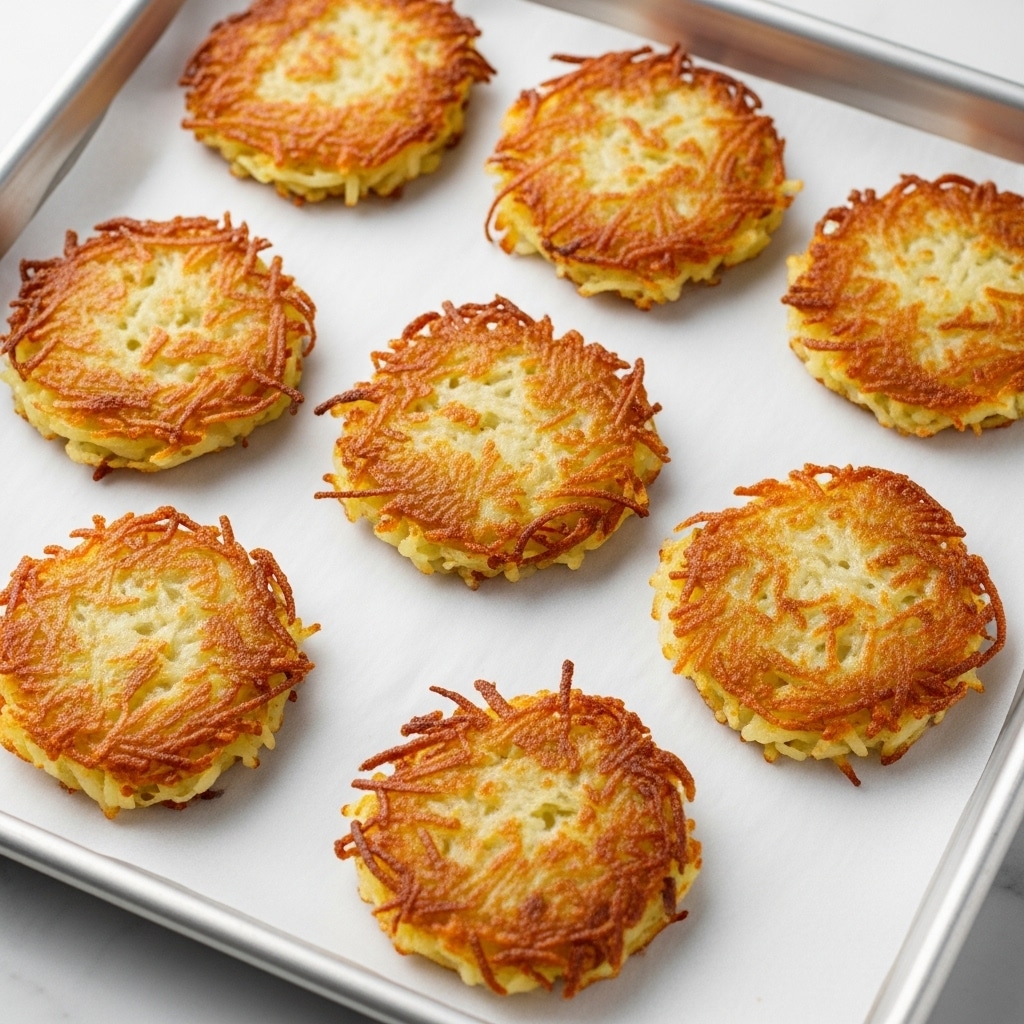 Seven golden brown potato latkes are placed on a baking tray lined with white parchment paper. Each latke is round but uneven in shape, showing a textured surface made of crispy fried shredded potatoes with some lighter creamy areas and darker browned spots. The tray's edge is silver and sits on a white marbled surface with a hint of gray. The lighting highlights the crispy texture and warm color of the latkes. photo taken with an iphone --ar 4:5 --v 7