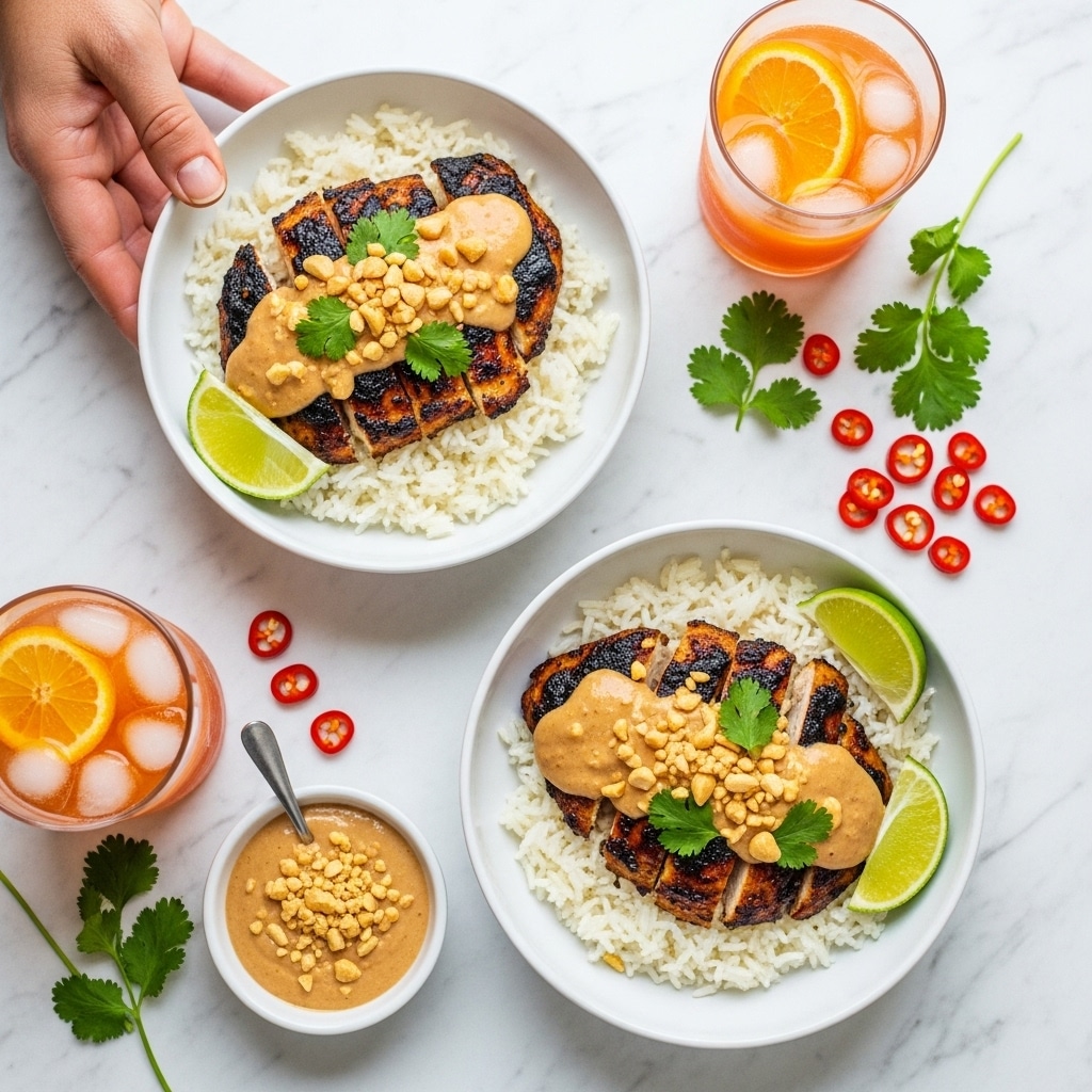 Two white bowls each have two layers: the bottom layer is white rice with a fluffy texture, and on top are charred grilled chicken pieces covered with a creamy light brown sauce. The chicken is sprinkled with crushed peanuts and green cilantro leaves. Each bowl has two lime wedges on the side of the chicken. Around the bowls, there are two glasses filled with iced orange liquid, a small white bowl of light brown sauce topped with crushed peanuts, and some scattered cilantro leaves and red chili slices on a white marbled surface. A woman's hand is holding the top bowl from the upper left. Photo taken with an iphone --ar 4:5 --v 7