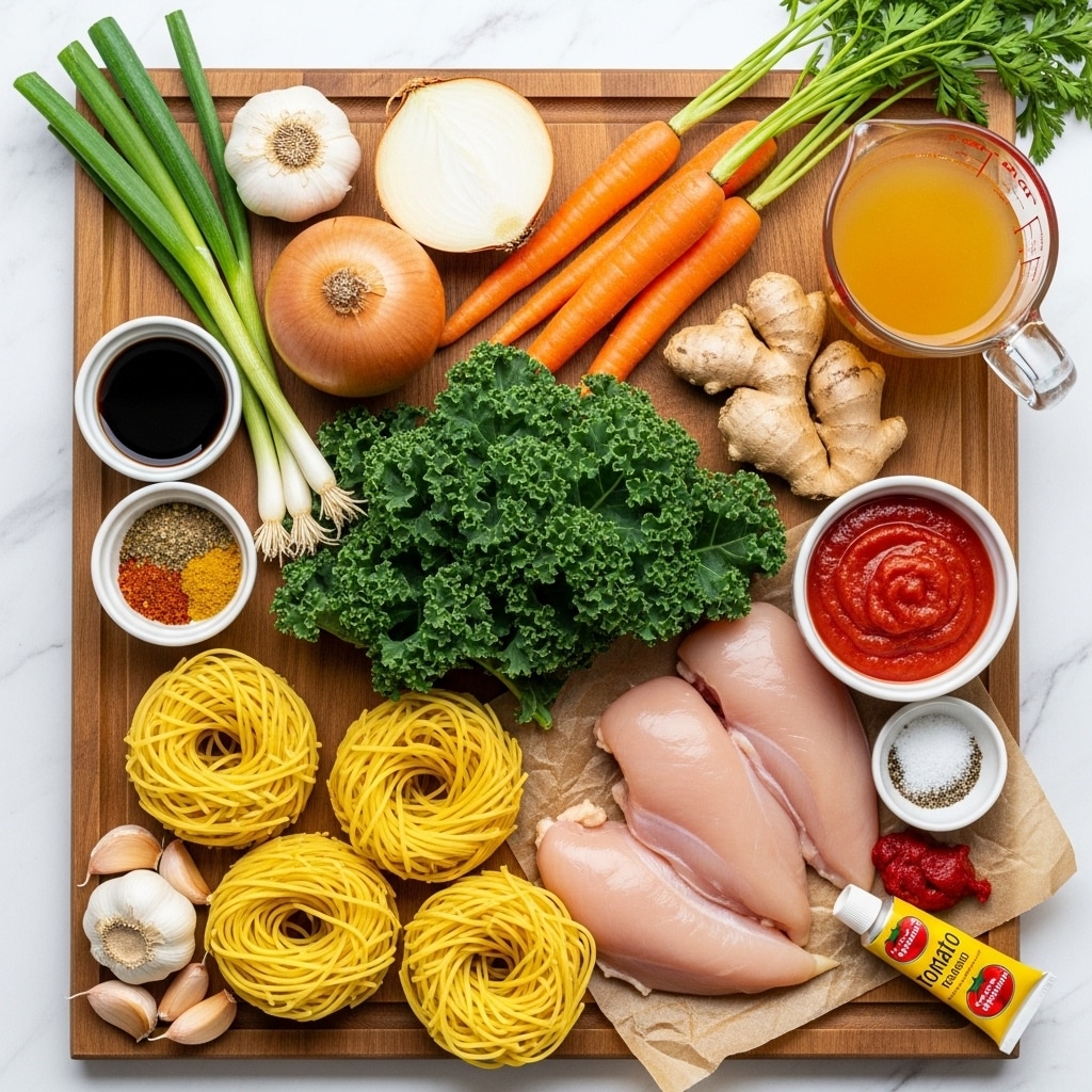 A wooden board holds a colorful arrangement of fresh ingredients on a white marbled background: three round bundles of yellow noodles are at the bottom left, above several garlic cloves; to the right, four raw, pale chicken fillets rest on brown parchment paper; next to them is a small white bowl filled with red tomato sauce, a small dish of salt and pepper, and a yellow tube of tomato paste. Bright orange carrots with green tops lie on the upper right side, beside a piece of knobby ginger root and a clear measuring cup filled with golden broth. To the top left are green scallions, a whole garlic bulb, a large half-cut onion, and curly green kale leaves filling the center. Two small white bowls contain dark soy sauce and a mix of ground spices in reds, browns, and greens. The photo taken with an iphone --ar 4:5 --v 7
