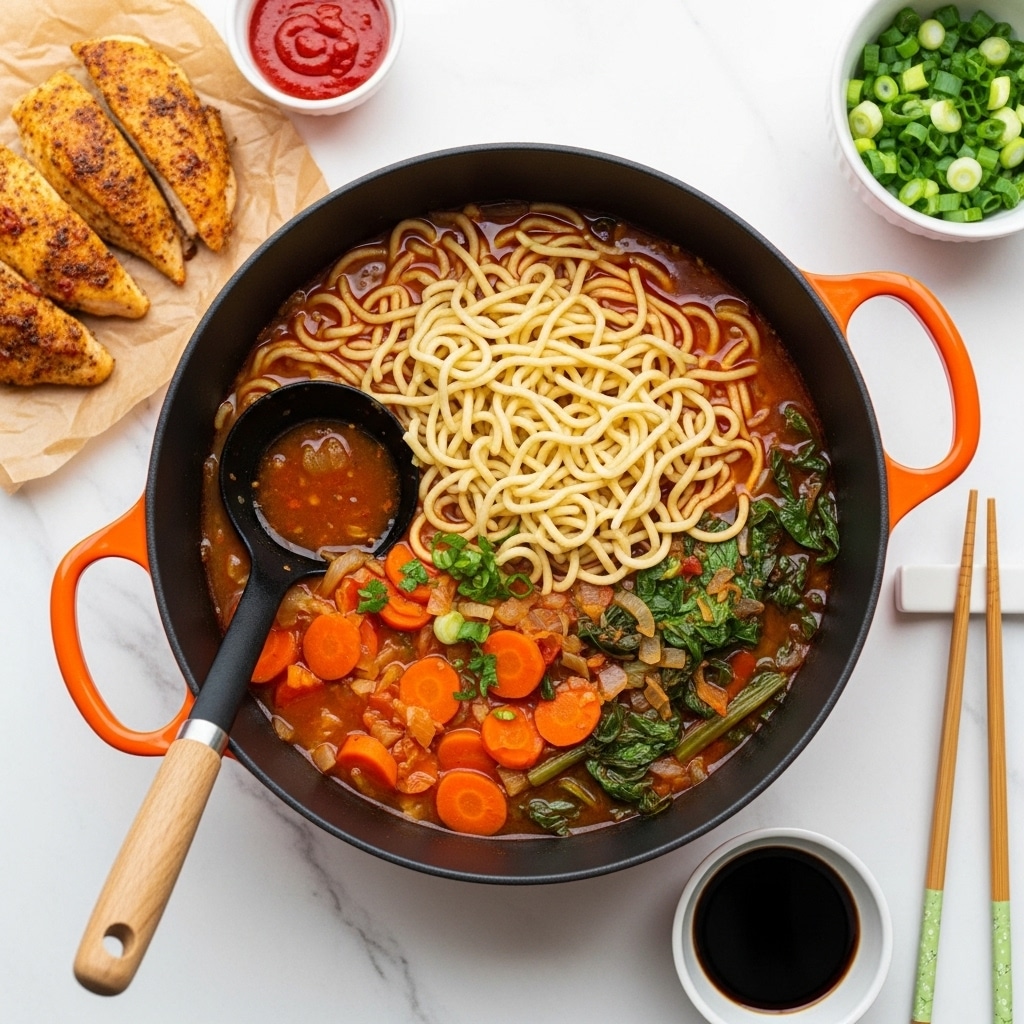A large black pot with bright orange handles holds a colorful noodle soup. Inside, yellow noodles form the top layer, loosely piled in the center. Below the noodles, chunky pieces of orange carrot and green leafy vegetables are mixed in a reddish broth with visible small bits of cooked onions and herbs. A black ladle with a wooden handle is partially submerged in the soup on the left side. The pot sits on a white marbled surface. Nearby are three pieces of seasoned cooked chicken on brown parchment paper, a small white bowl with dark soy sauce, and wooden chopsticks with light and green tips. Also visible are a small bowl with red sauce and a separate white bowl filled with chopped green onions. Photo taken with an iphone --ar 4:5 --v 7