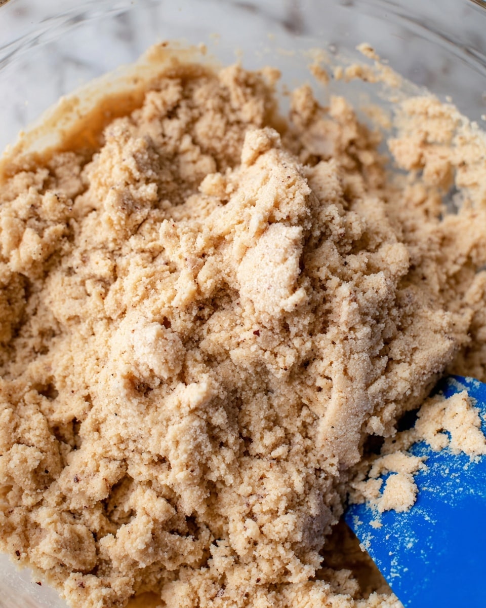 A close-up image of crumbly dough with a light beige color and fine specks of brown evenly spread throughout, sitting inside a clear bowl. The dough has a rough, slightly grainy texture with some small chunks visible, showing an uneven surface. A blue spatula is partially inserted into the dough at the bottom right, blending into the mixture with some dough stuck to it. The background shows a white marbled texture. Photo taken with an iphone --ar 4:5 --v 7