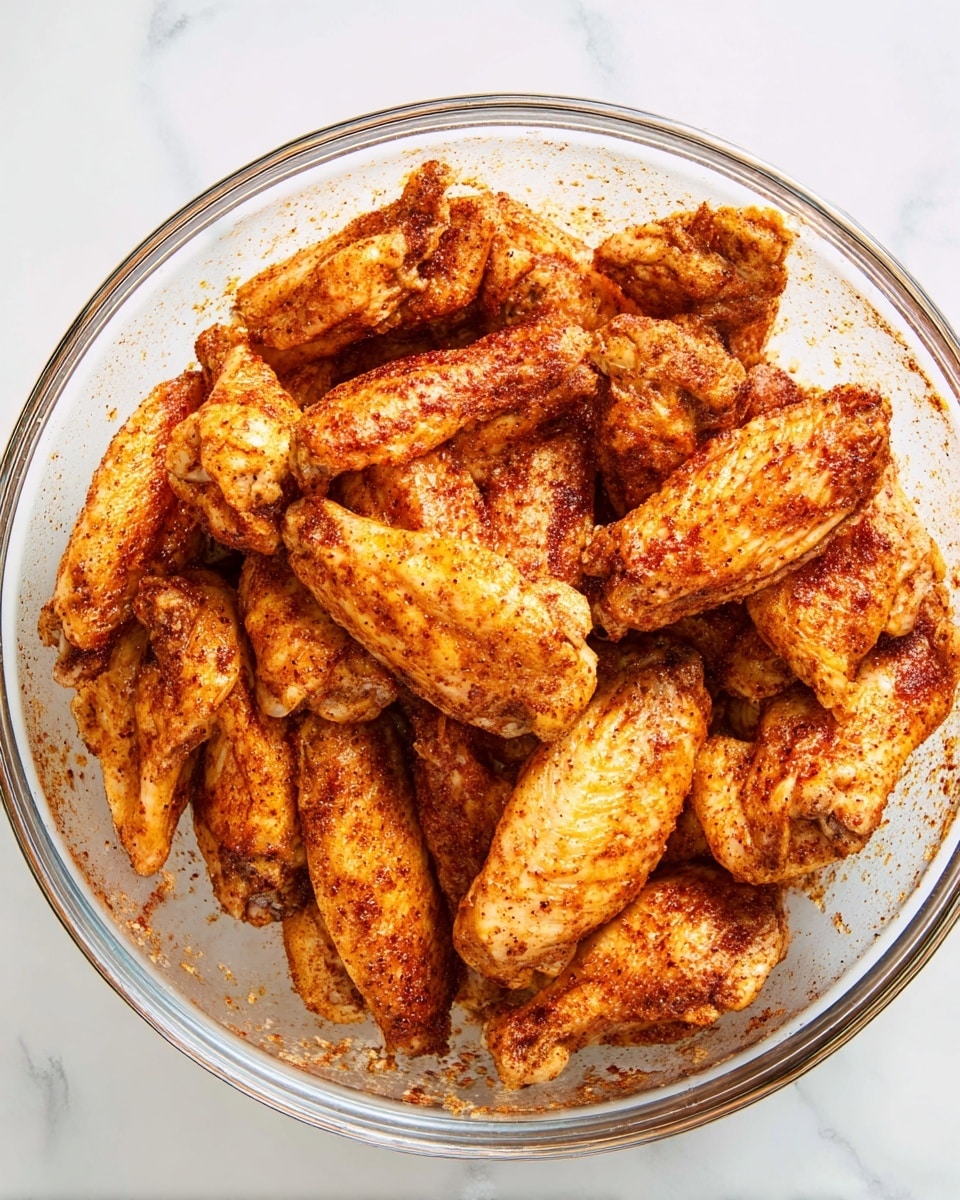 The image shows a clear glass bowl filled with many chicken wings. The wings are covered well with a reddish-brown spice mix, giving them a textured and slightly powdery look. The chicken pieces are layered close together inside the bowl, and the clear glass allows for full view of the wings from above. The bowl is set on a white marbled surface, making the warm colors of the wings stand out. photo taken with an iphone --ar 4:5 --v 7