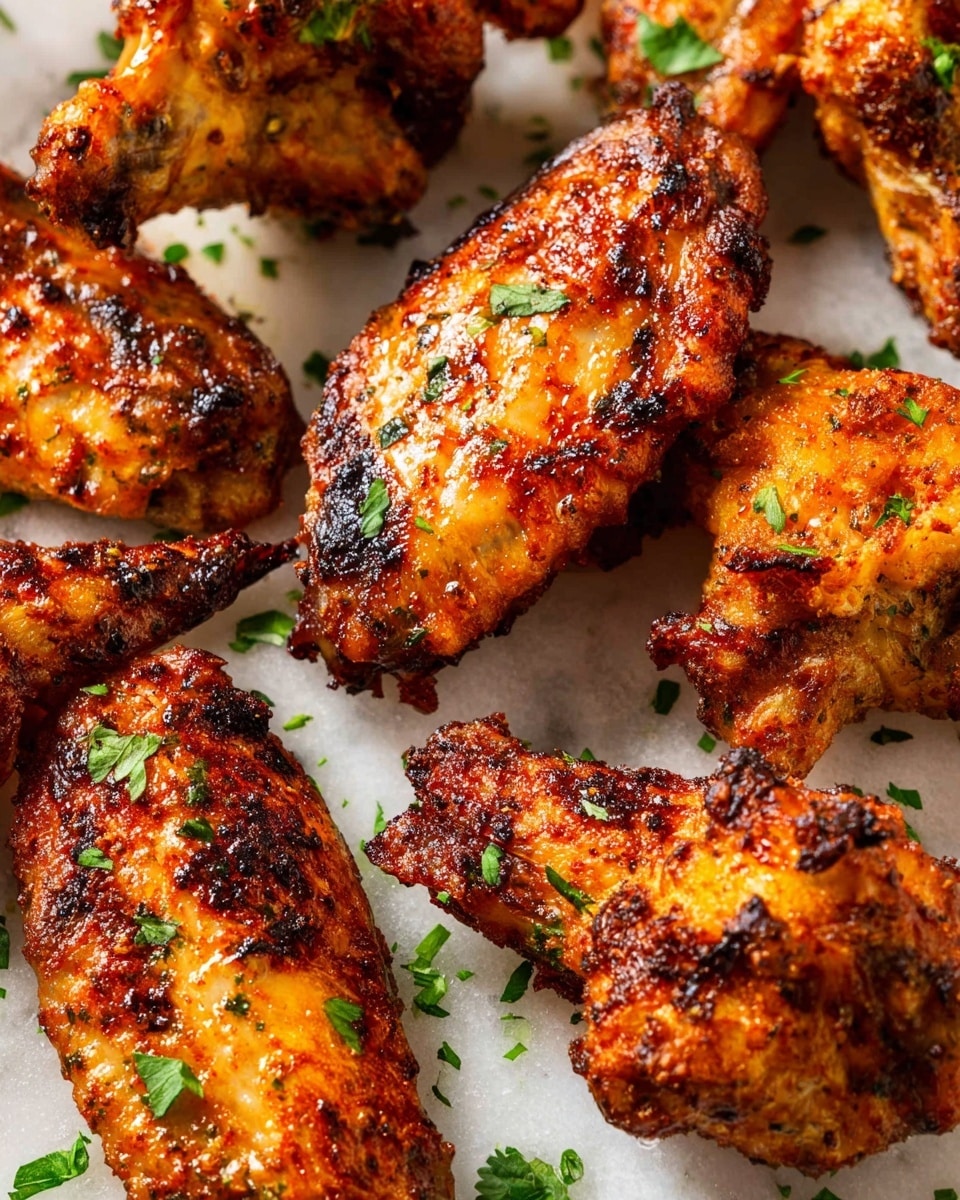 The image shows a close-up of several cooked chicken wings scattered over a white marbled surface. Each wing has a crispy, orange-brown skin with browned and slightly charred spots, showing the texture of the cooked chicken. Small green parsley leaves are sprinkled over the wings, adding a fresh touch of color. The wings are arranged randomly with some overlapping. The light shines off the skin, highlighting the crispy texture. photo taken with an iphone --ar 4:5 --v 7