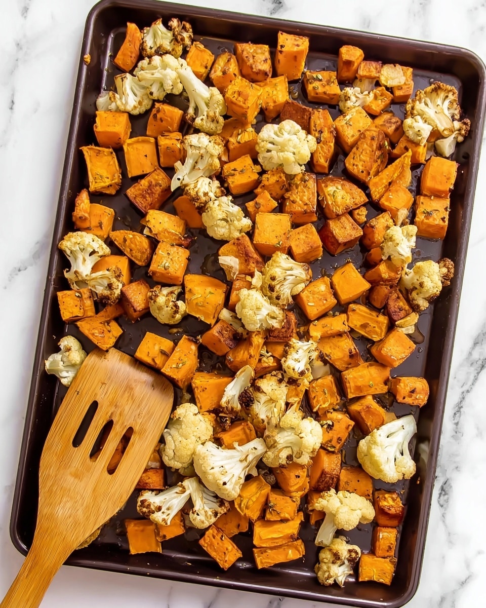 The image shows a baking tray filled with roasted vegetables, mainly chunks of sweet potatoes and small cauliflower florets. The sweet potatoes are cut into rough cubes with a warm orange color and slightly browned edges, showing light grill marks. The cauliflower pieces are white with a bit of golden-brown char. The vegetables are spread evenly across the dark baking tray, and a wooden spatula is resting inside the tray at the bottom left corner. The tray is set on a white marbled surface. Photo taken with an iphone --ar 4:5 --v 7
