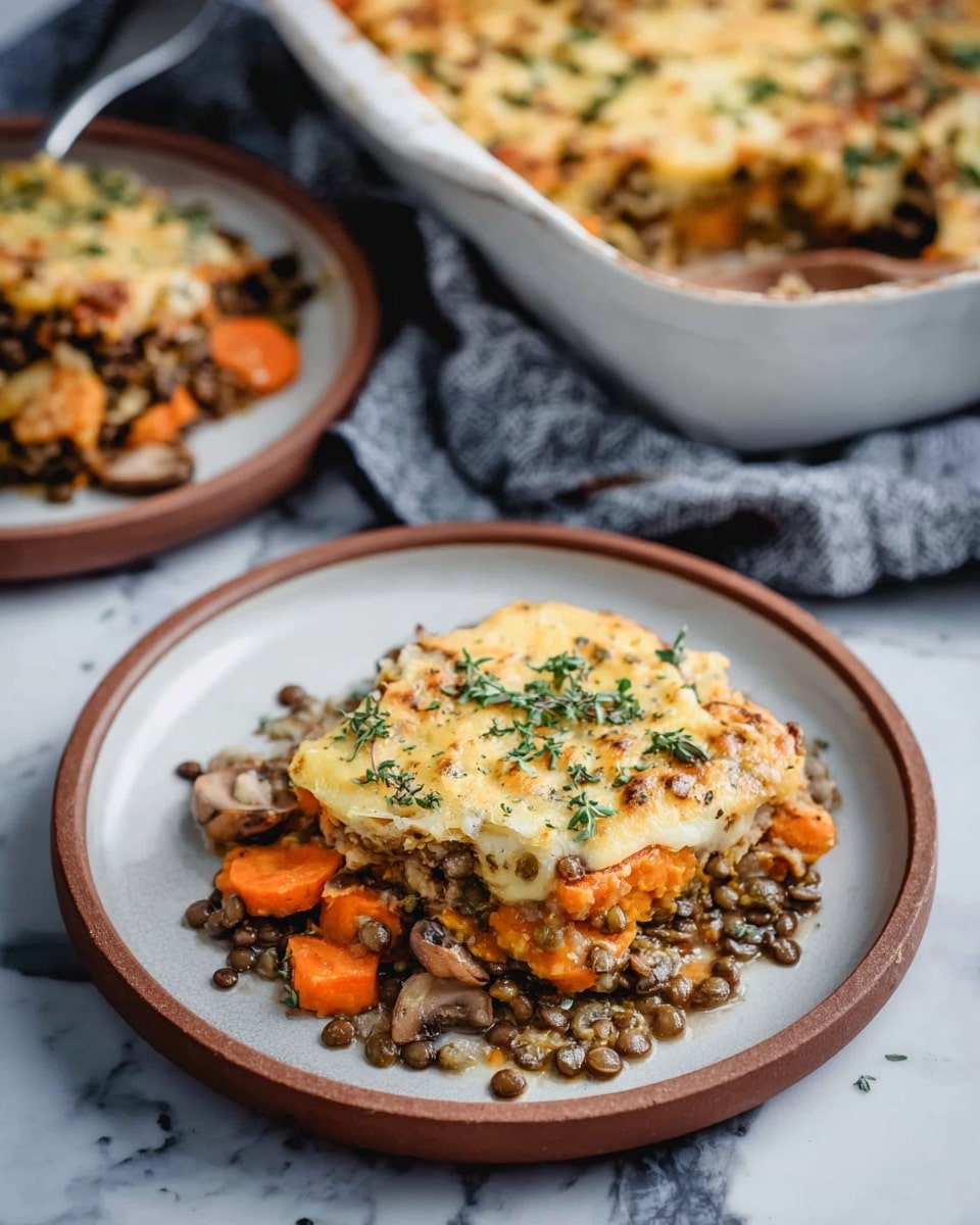 A serving of casserole on a white plate with a brown rim sits on a surface with a white marbled texture. The dish has three visible layers: the bottom layer is soft orange carrot pieces, the middle layer consists of small brown lentils mixed with chopped mushrooms, and the top layer is a golden melted cheese crust sprinkled with green herbs. In the background, a white casserole dish with more of the same casserole inside and a gray cloth add to the setting. Another white plate with a brown rim and a similar casserole serving is partially visible. Photo taken with an iphone --ar 4:5 --v 7