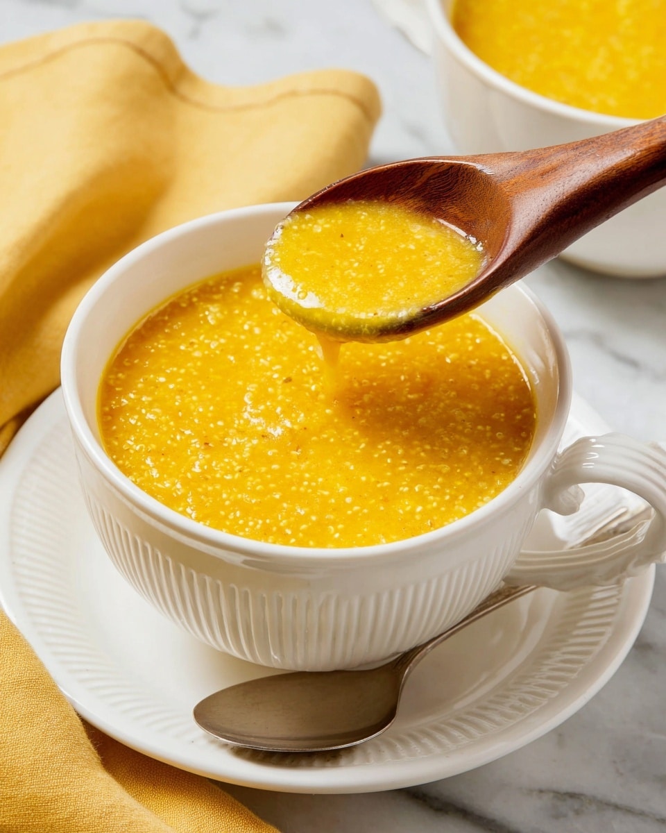A white cup filled with thick, bright yellow-orange soup with small grain-like pieces spread evenly throughout. A wooden ladle scoops soup from the cup, showing its rough, chunky texture. The cup sits on a white saucer with a ridged edge, and a silver spoon rests next to it. The scene is set on a white marbled surface with a folded yellow cloth nearby. Photo taken with an iphone --ar 4:5 --v 7