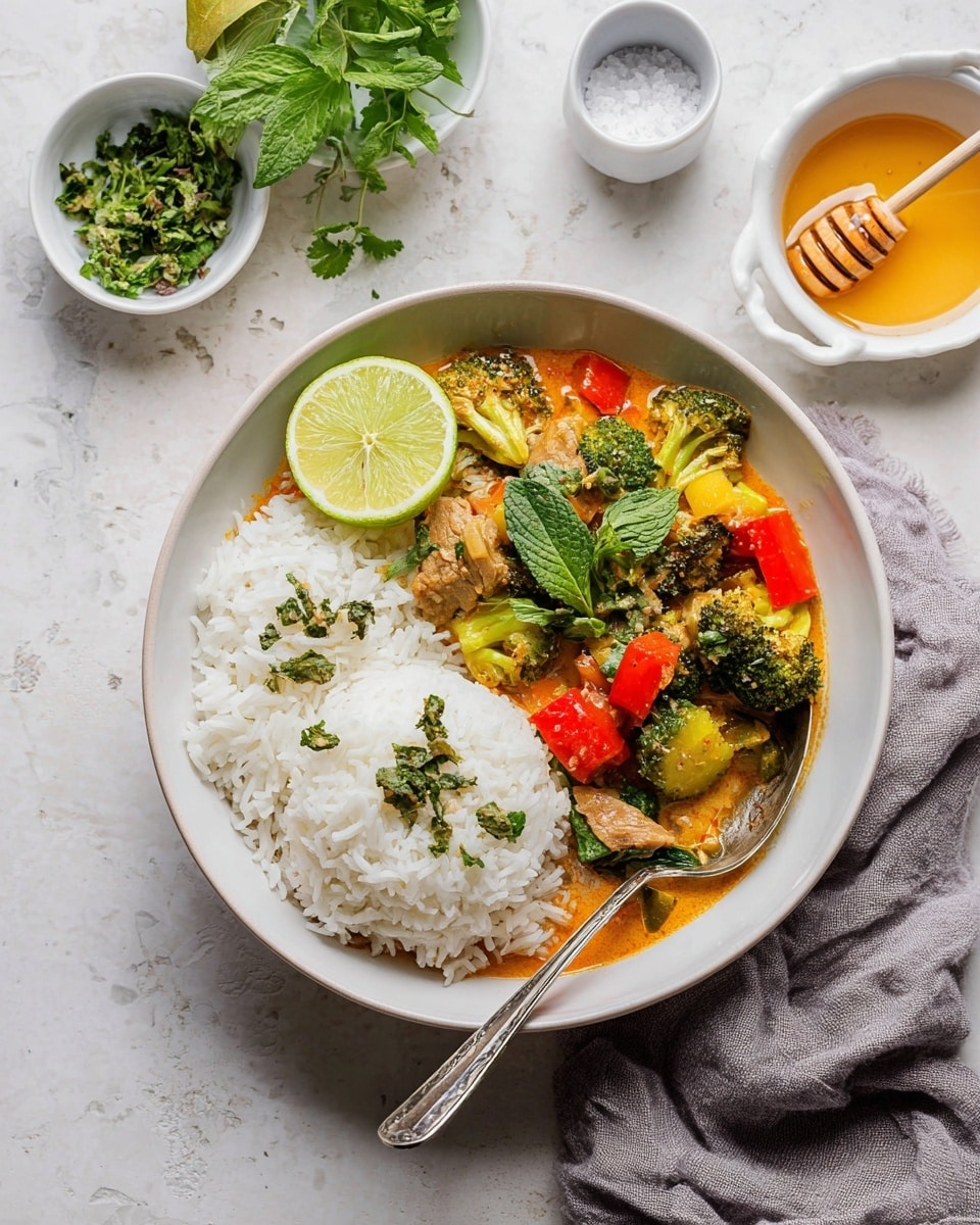 A white bowl shows a meal with two parts: on the right side is a mound of white rice with small green herb pieces on top, and on the left side there is a colorful mix of food in orange sauce with green broccoli florets, red and yellow bell pepper chunks, and pieces of light-colored meat. A bright green lime wedge and fresh green herb leaves sit on top of the food layers. A silver spoon lies inside the bowl on the right side resting on the rice. Surrounding the bowl are a small white dish with a honey dipper in golden honey, a white dish filled with more green herbs, a gray cloth napkin, and a salt shaker, all placed on a white marbled surface. photo taken with an iphone --ar 4:5 --v 7